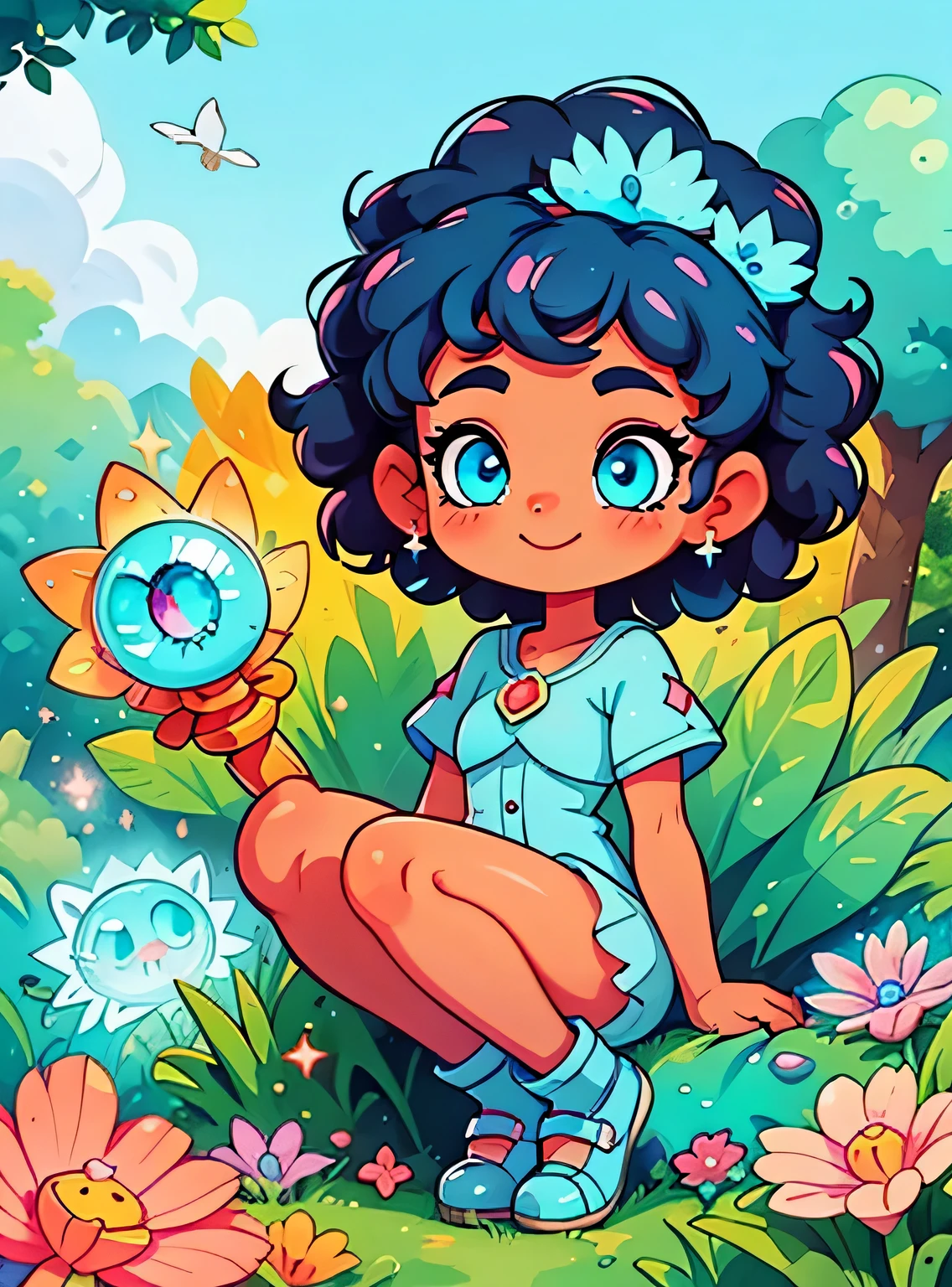 garota afro com olhos azuis、Enfeite de cabelo limpo, Corpo surreal bonito, bom、(olhos detalhados, Olhos como joias, Olhos brilhantes:1.3) , Um sorriso, Blue sky、Sapatos fofos, trees and flowers, fundo das borboletas