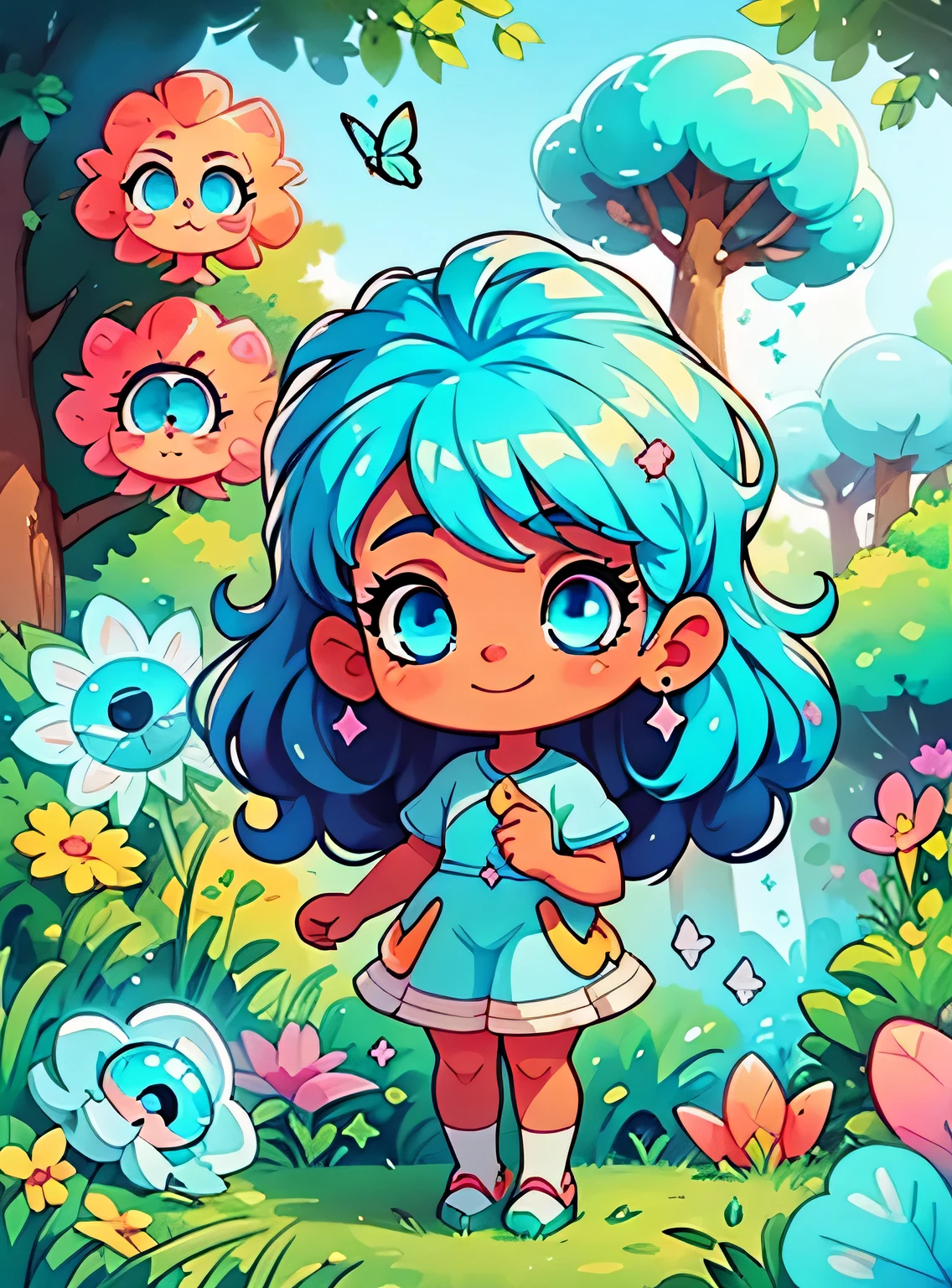 garota afro com olhos azuis、Enfeite de cabelo limpo, Corpo surreal bonito, bom、(olhos detalhados, Olhos como joias, Olhos brilhantes:1.3) , Um sorriso, Blue sky、Sapatos fofos, trees and flowers, fundo das borboletas