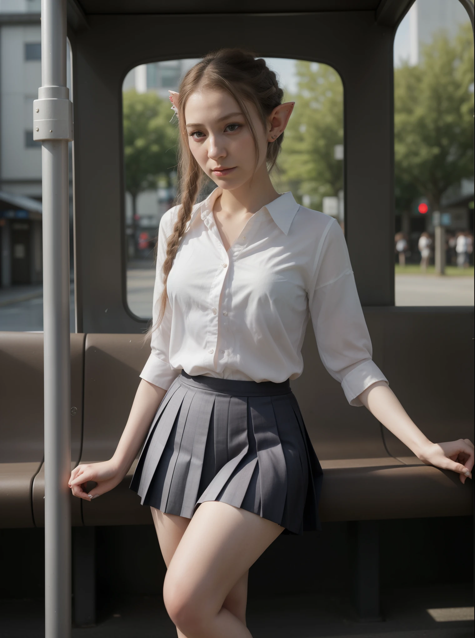 Generate an image of a realistic elf waiting at the bus stop. As she observes the movement around her, reveal details about her appearance, attire, and behavior. She interacts with other passengers, her presence peculiar, showing how she adapts to the urban environment while still maintaining traces of her elven nature. Instead of traditional elven attire, she wears a Japanese school uniform, with a pleated skirt and a white blouse. Her pointed ears stand out, adding an otherworldly charm to her appearance. Despite the modern attire, her ethereal presence and graceful behavior set her apart from the bustling crowd, suggesting her elven heritage.