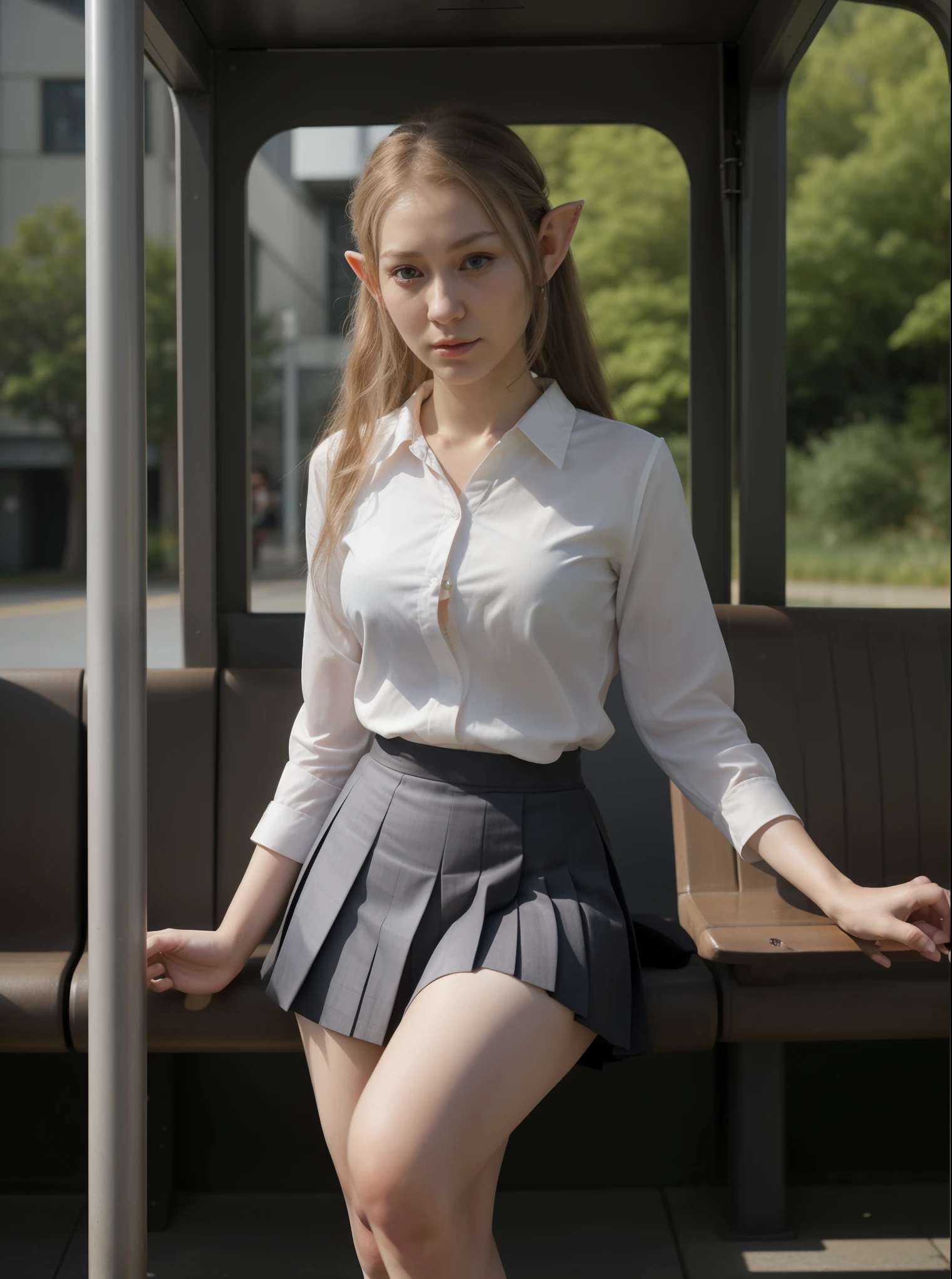 Generate an image of a realistic elf waiting at the bus stop. As she observes the movement around her, reveal details about her appearance, attire, and behavior. She interacts with other passengers, her presence peculiar, showing how she adapts to the urban environment while still maintaining traces of her elven nature. Instead of traditional elven attire, she wears a Japanese school uniform, with a pleated skirt and a white blouse. Her pointed ears stand out, adding an otherworldly charm to her appearance. Despite the modern attire, her ethereal presence and graceful behavior set her apart from the bustling crowd, suggesting her elven heritage.