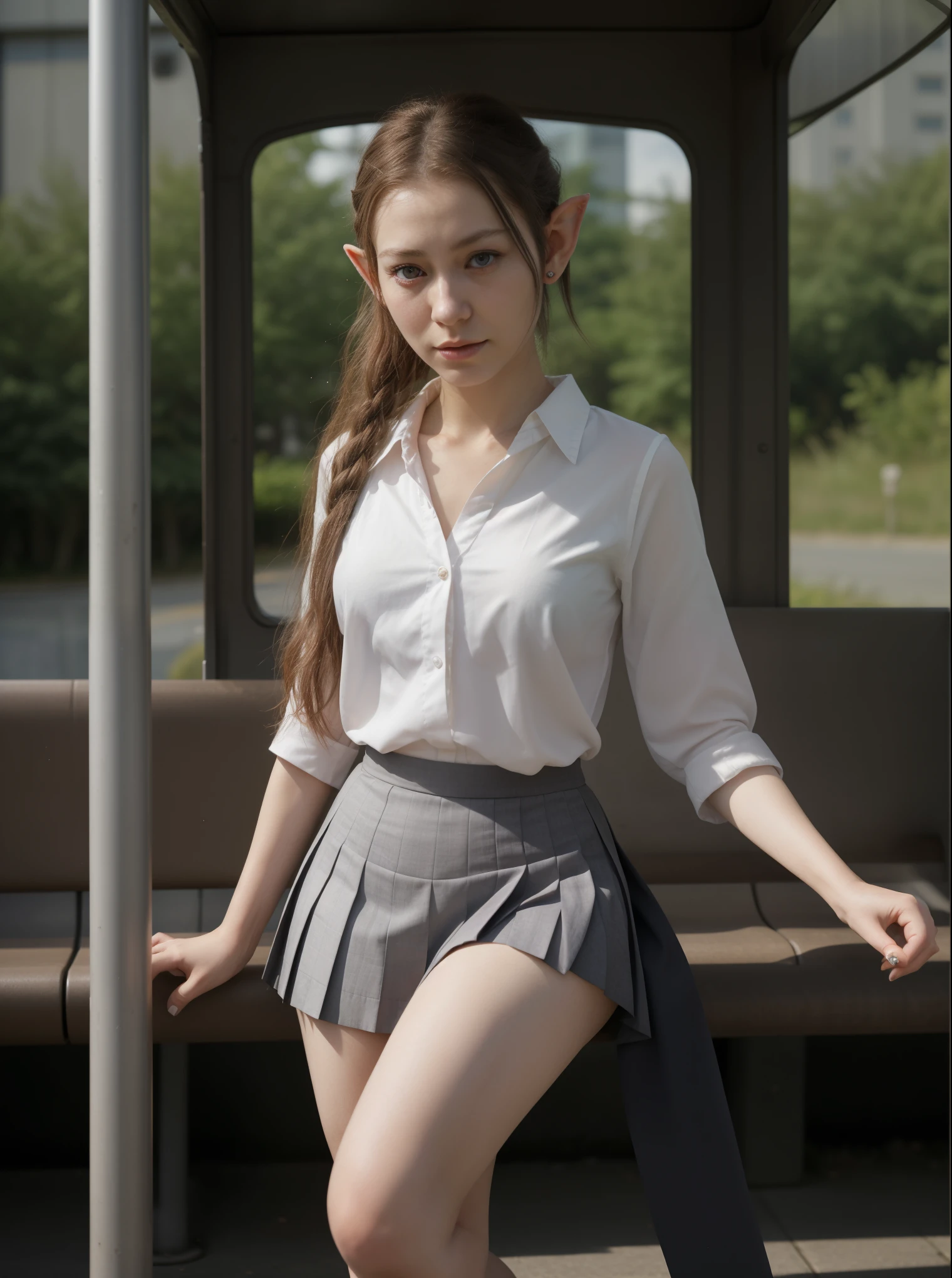 Generate an image of a realistic elf waiting at the bus stop. As she observes the movement around her, reveal details about her appearance, attire, and behavior. She interacts with other passengers, her presence peculiar, showing how she adapts to the urban environment while still maintaining traces of her elven nature. Instead of traditional elven attire, she wears a Japanese school uniform, with a pleated skirt and a white blouse. Her pointed ears stand out, adding an otherworldly charm to her appearance. Despite the modern attire, her ethereal presence and graceful behavior set her apart from the bustling crowd, suggesting her elven heritage.