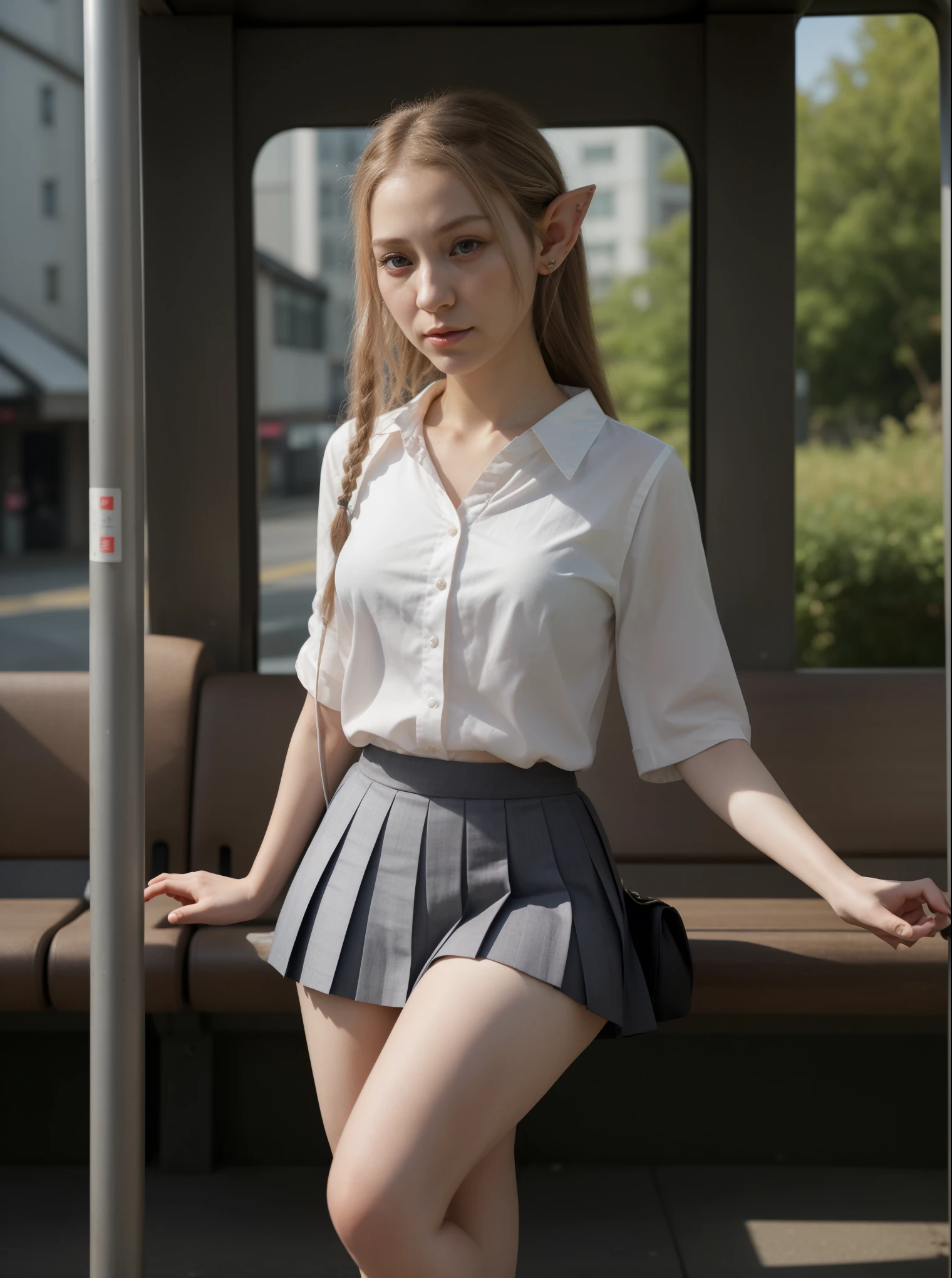 Generate an image of a realistic elf waiting at the bus stop. As she observes the movement around her, reveal details about her appearance, attire, and behavior. She interacts with other passengers, her presence peculiar, showing how she adapts to the urban environment while still maintaining traces of her elven nature. Instead of traditional elven attire, she wears a Japanese school uniform, with a pleated skirt and a white blouse. Her pointed ears stand out, adding an otherworldly charm to her appearance. Despite the modern attire, her ethereal presence and graceful behavior set her apart from the bustling crowd, suggesting her elven heritage.