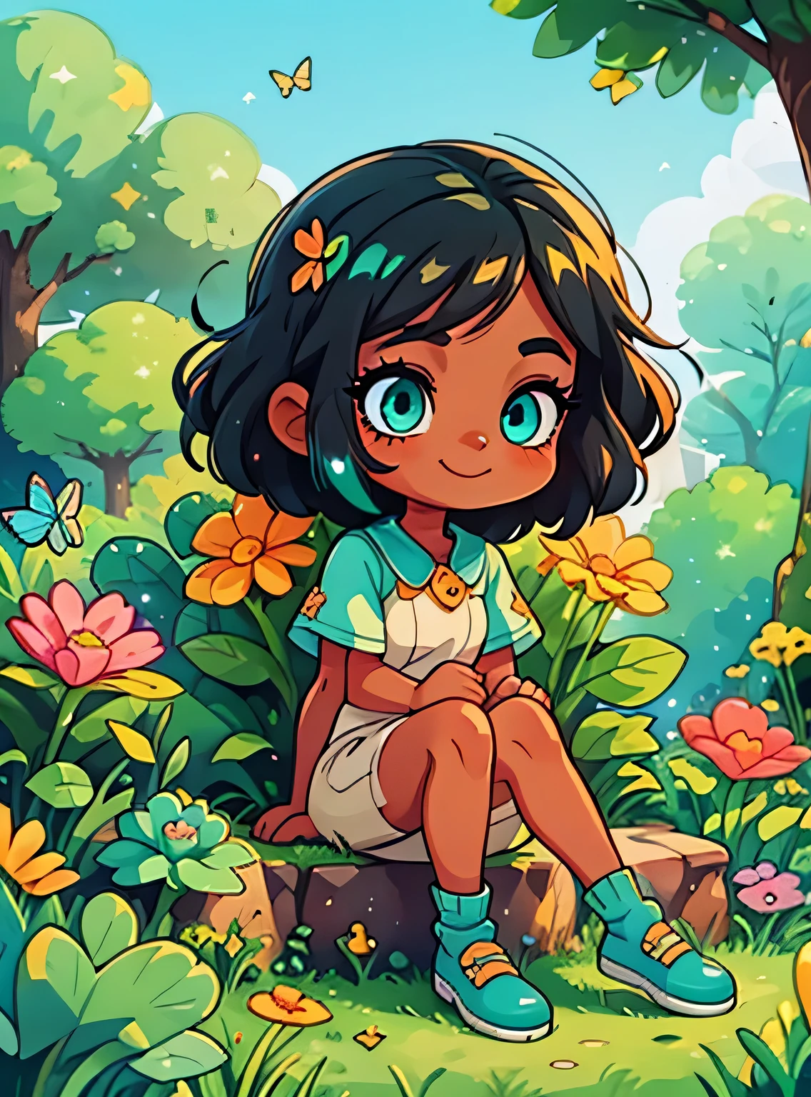 garota negra de olhos verdes、Enfeite de cabelo limpo, (olhos detalhados, Olhos como joias, Olhos brilhantes:1.3) , Um sorriso, Blue sky、Sapatos fofos, trees and flowers, fundo das borboletas