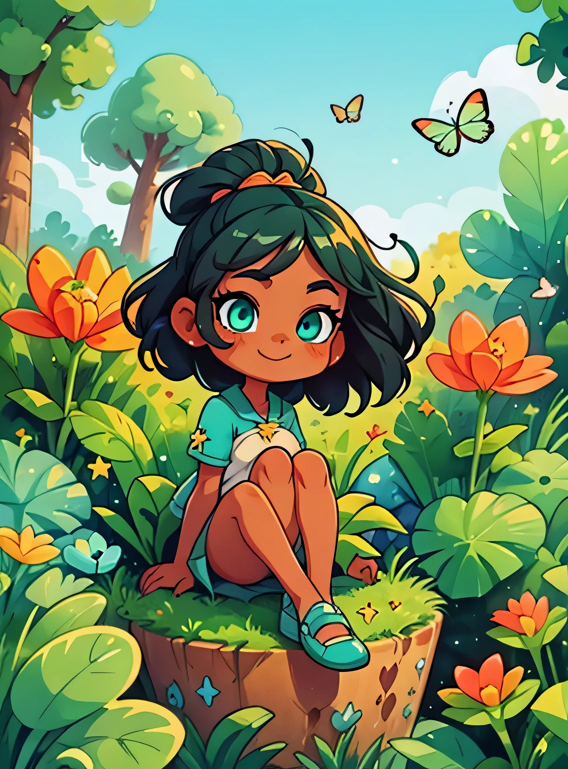 garota negra de olhos verdes、Enfeite de cabelo limpo, (olhos detalhados, Olhos como joias, Olhos brilhantes:1.3) , Um sorriso, Blue sky、Sapatos fofos, trees and flowers, fundo das borboletas