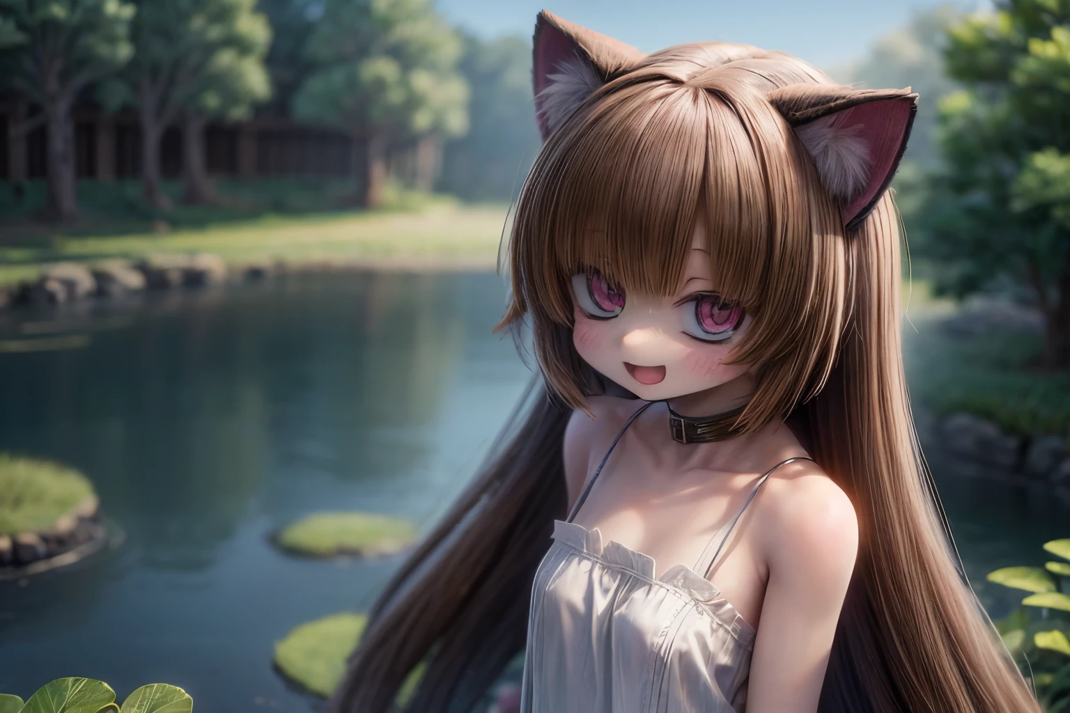 ((Masterpiece)), (Anime:1.5), ((best quality)), (RAW photo:1.2), (High Definition:1.3), (Professional Photography:1.2), (chromatic aberration), 1girl, ((12years old)), 8K, cinematic lighting, very messy hair,(standing on Pond in the garden), (slightly exposed small breast), (tattered and torn dirty white-camisole), Slender small breasts, (smile and open mouth), slum townscape, Textured skin, cat ears, pale brown hair, Cute Beautiful girl