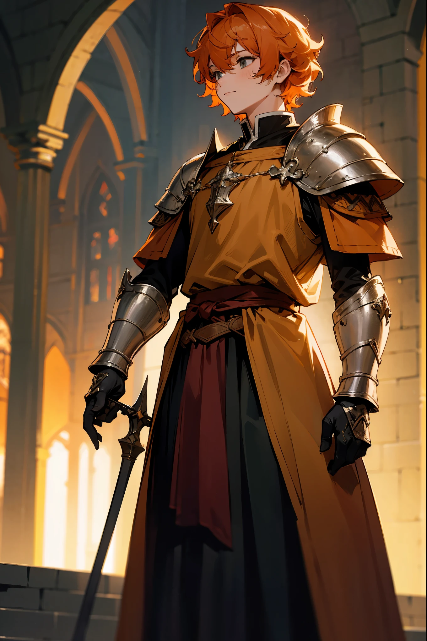 1male, pastel orange hair, curly hair, short hair, light armor, medieval clothing, orange laced clothing, guild hall background, detailed background, standing on path