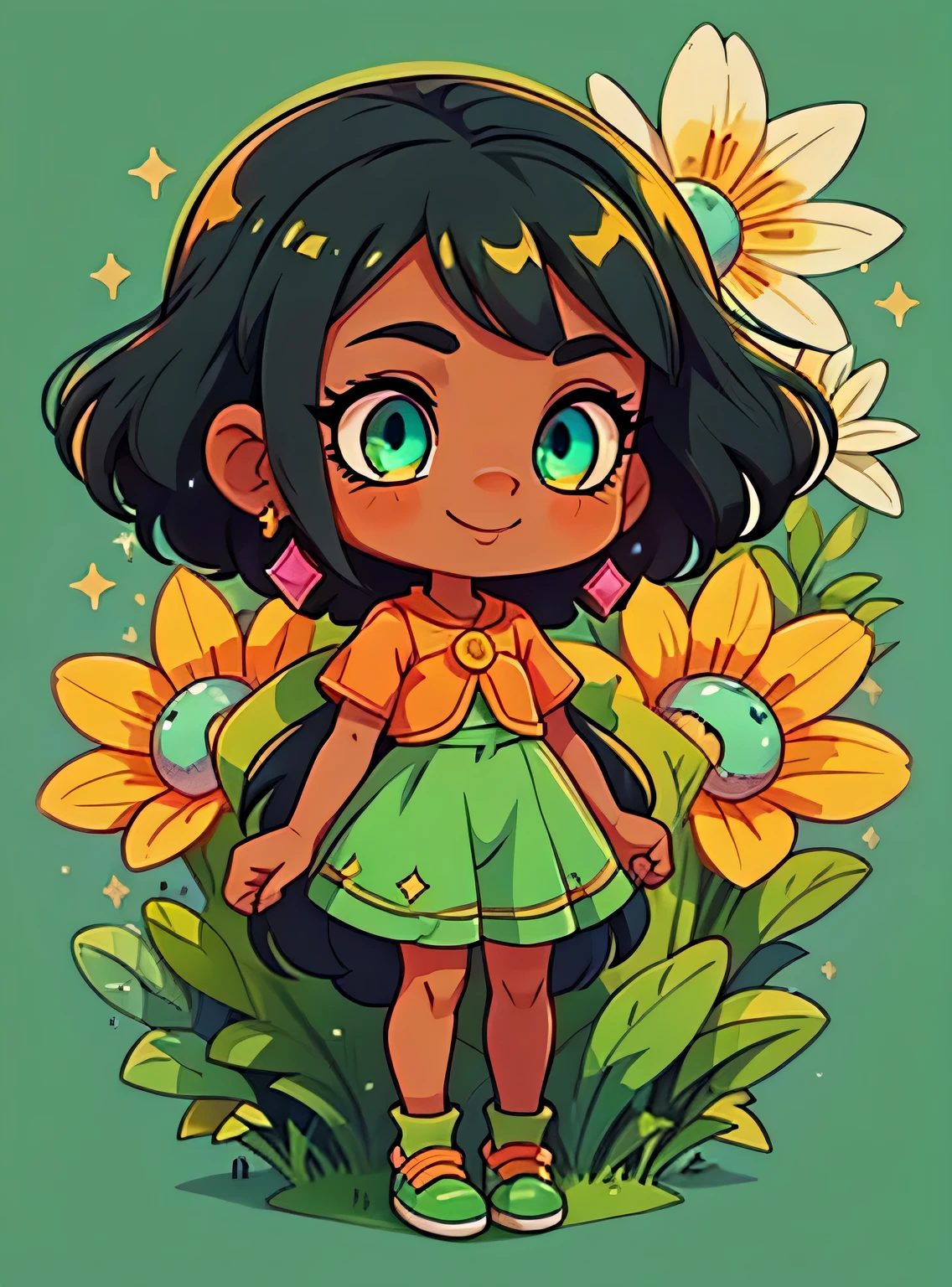 black girl with green eyes standing、Enfeite de cabelo limpo, (olhos detalhados, Olhos como joias, Olhos brilhantes:1.3) , Um sorriso, Sapatos fofos, flores, fundo simples