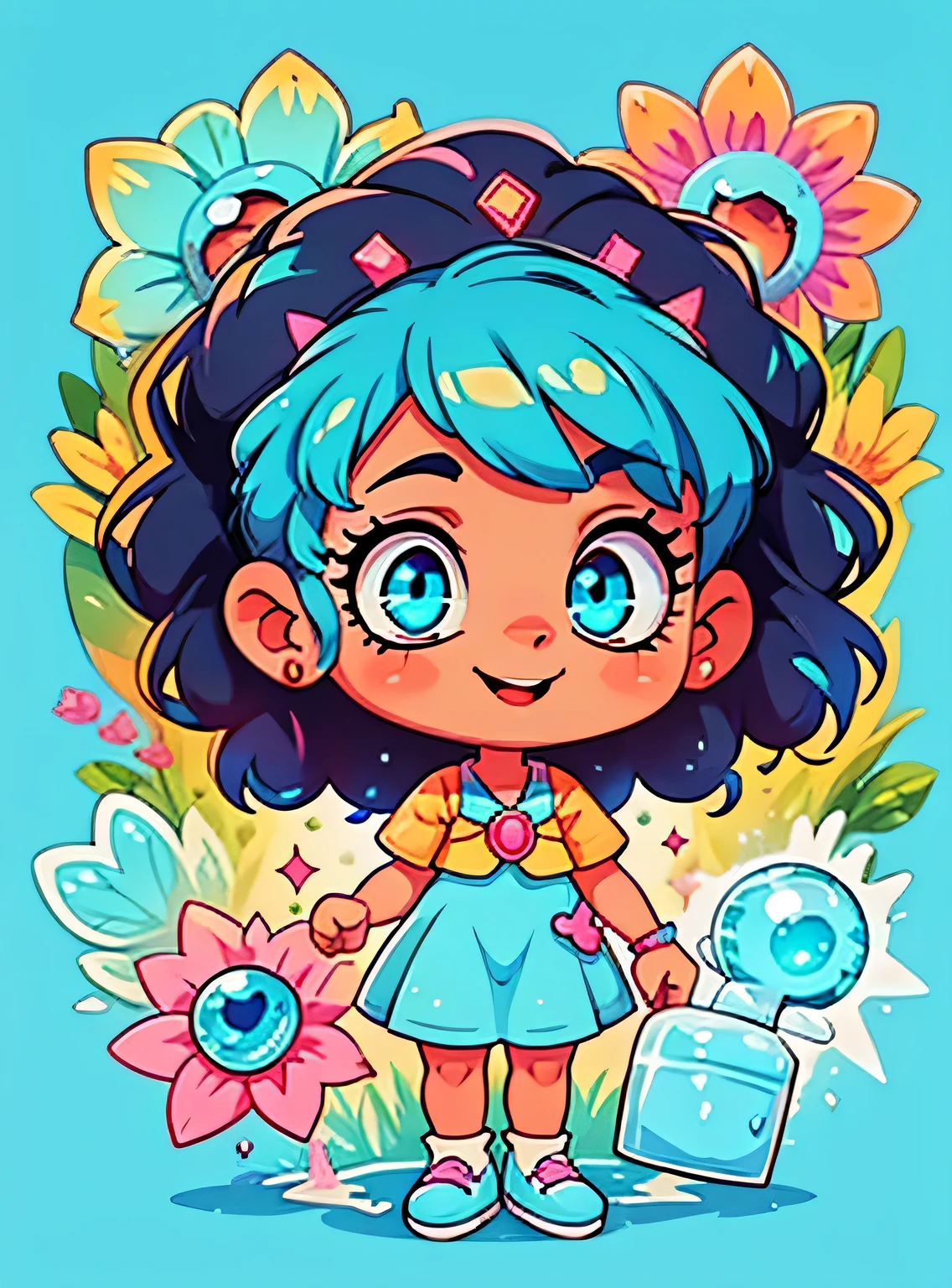 afro girl with blue eyes standing、Enfeite de cabelo limpo, (olhos detalhados, Olhos como joias, Olhos brilhantes:1.3) , Um sorriso, Sapatos fofos, flores, fundo simples