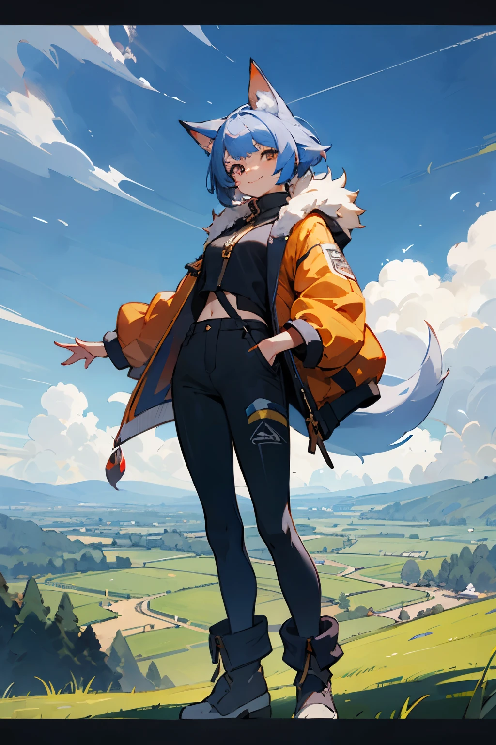 krystal starfox, 1girl, Allein, Meisterwerk, Fox girl, pelzig, Anthro, body fur, Fuchsschwanz, outside, Smile, Landschaft, Hemd, Jacke, kurze Hose