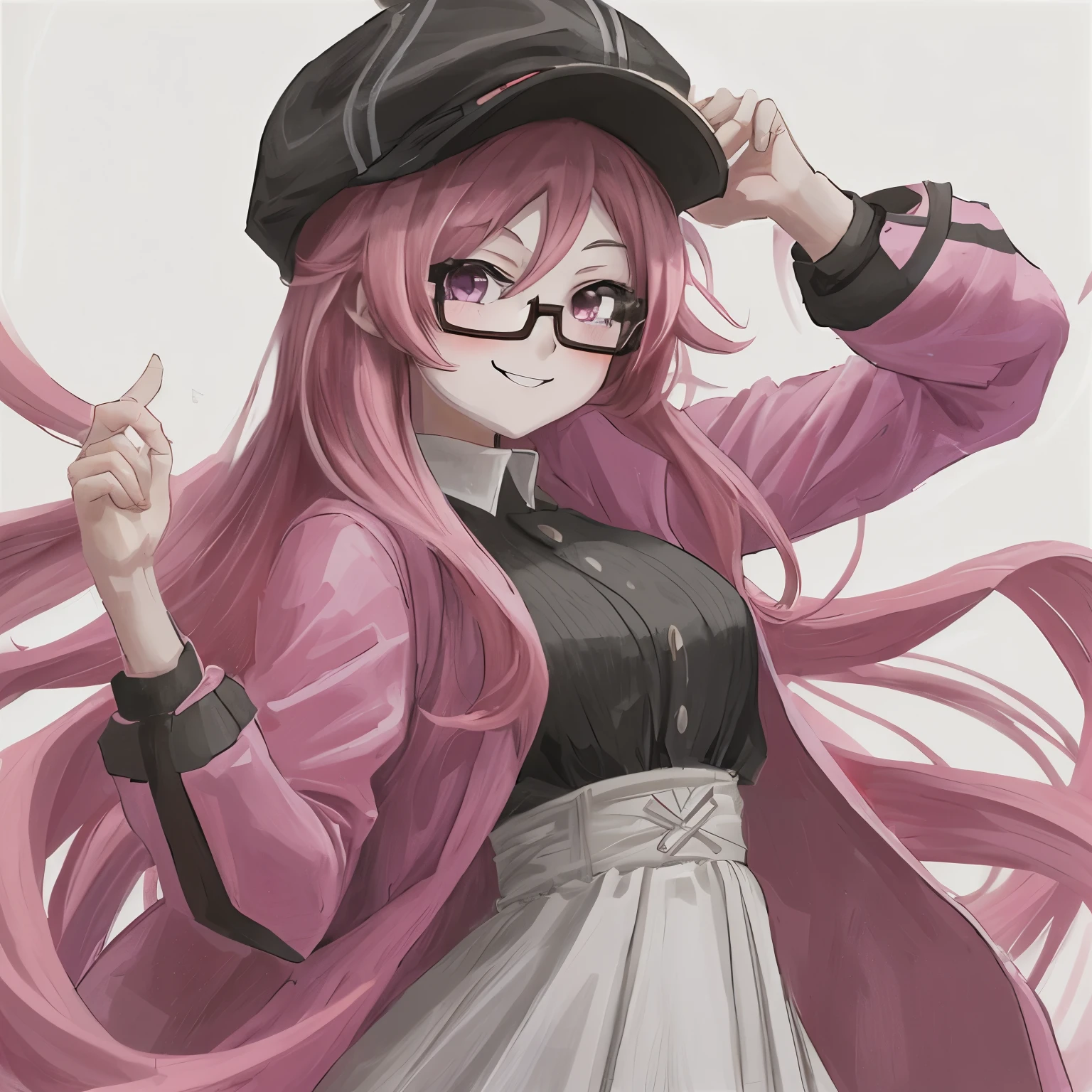 1girl, anime, red_pink_hair, long_hair, black_eyes, smirk, pink_jacket, white_dress, white_background, newsboy_cap, glasses, looking_at_viewer
