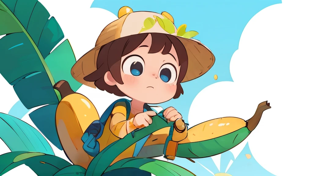 supper sad, banana hat, bananas background pattern, banana tree, blueish background, high detailed, fornite banana costume, shooting, explosion, high contrast, high saturation, guns, bananas, crying, big eyes, in a close view, front, girly brown hair, blue eyes