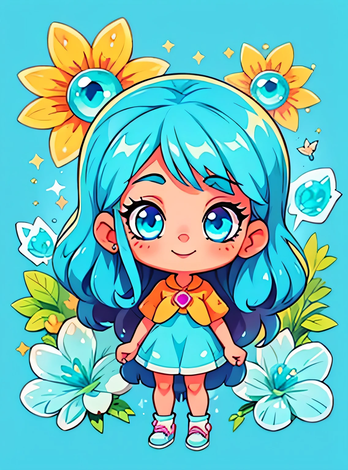 girl with blue eyes standing、Enfeite de cabelo limpo, (olhos detalhados, Olhos como joias, Olhos brilhantes:1.3) , Um sorriso, Sapatos fofos, flores, borboletas, fundo simples
