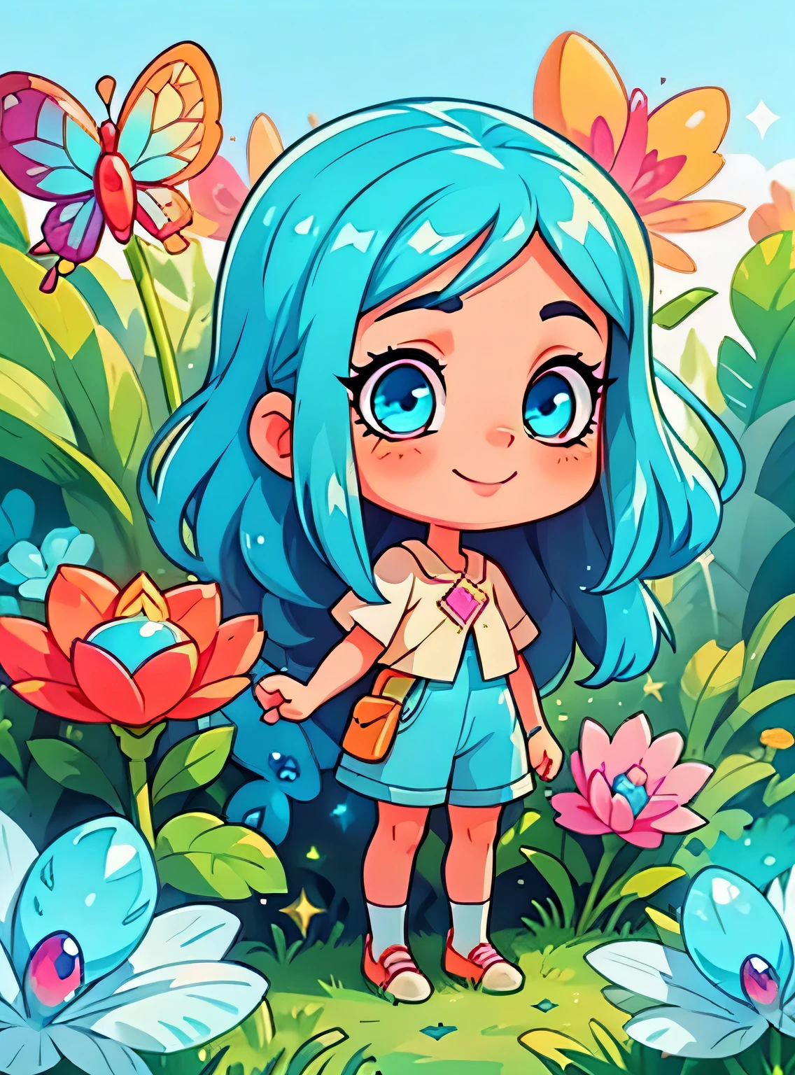 girl with blue eyes standing、Enfeite de cabelo limpo, (olhos detalhados, Olhos como joias, Olhos brilhantes:1.3) , Um sorriso, Sapatos fofos, flores, borboletas, fundo simples