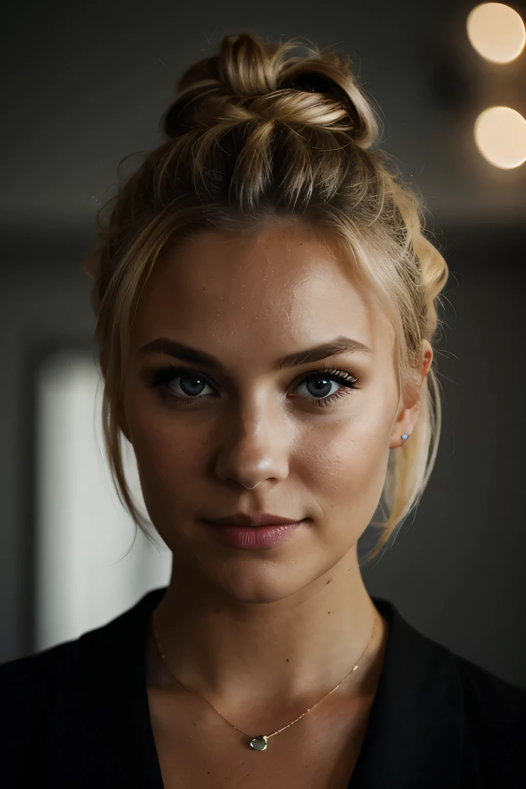 an eye contact of a blonde with a bun and dark theme.