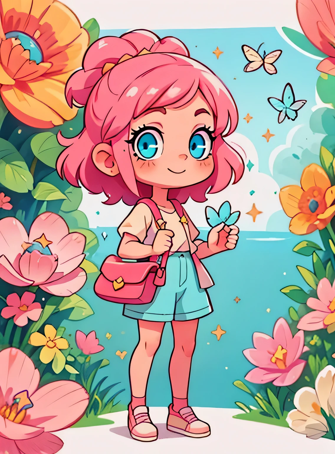 girl with pink hair and blue eyes standing、Enfeite de cabelo limpo, (olhos detalhados, Olhos brilhantes:1.3) , Um sorriso, Sapatos fofos, flores, borboletas, fundo simples