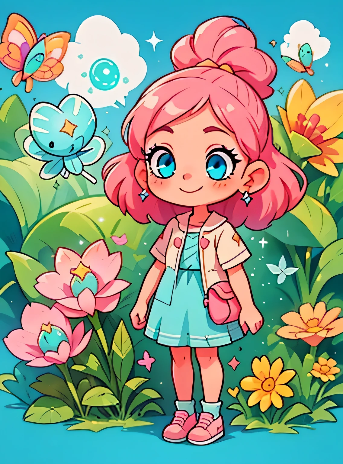 girl with pink hair and blue eyes standing、Enfeite de cabelo limpo, (olhos detalhados, Olhos brilhantes:1.3) , Um sorriso, Sapatos fofos, flores, borboletas, fundo simples