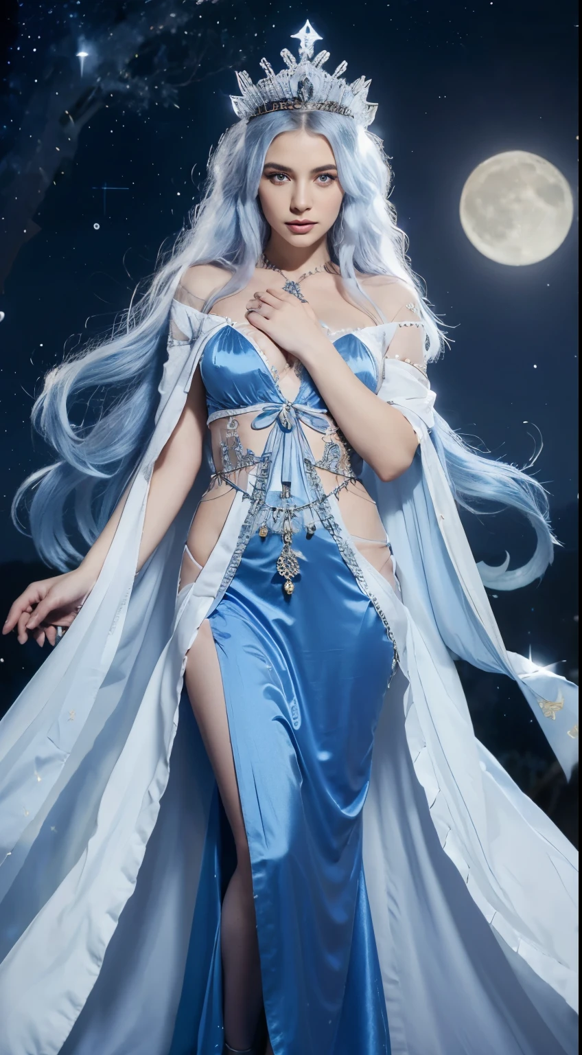 Menschengestalt, goddess, umgeben von Mondschein Aura, light blue thin silk cloak on which the moon and stars can be seen, blue flowing robe with white stripe on the chest, Sapphire blue tiara with pointed spikes and white jewels, Light skin with a few stars and moons depicted on the body, sehr hell blaue Haare, blaue augen schauen schauen nach vorne. Mond und Sterne auf haut abgebildet