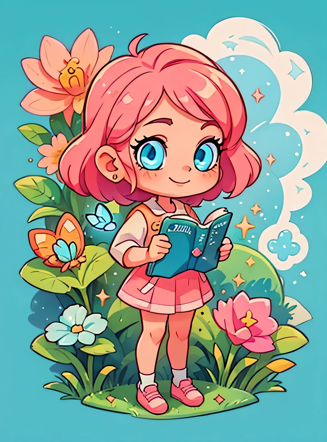 girl with pink hair and blue eyes standing、Enfeite de cabelo limpo, (olhos detalhados, Olhos brilhantes:1.3) , segurando livros, Um sorriso, Sapatos fofos, flores, borboletas, fundo simples