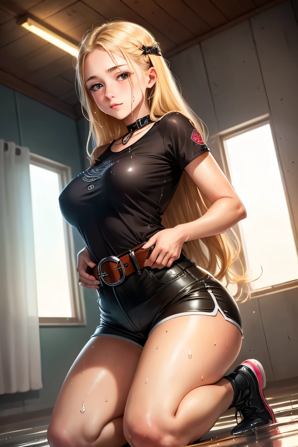 ((best quality)), ((Meisterwerk)), (detailliert), perfektes Gesicht, Blonde, long hair, tight black top, wet, shorts, cute looking, teenager, in a cell, massive belt around neck, blushed, kneeling down, hands tied together