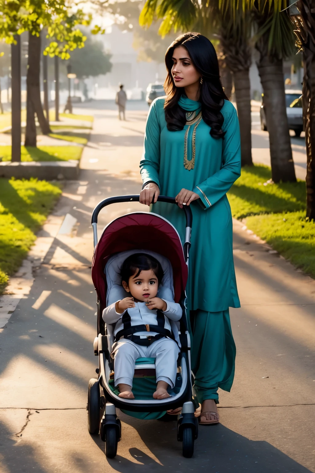 RAW, Best quality, high resolution, masterpiece: 1.6), Sunlit path in Karachi park, Pakistani mother in shalwar kameez pushing stroller (iu:0.7), Best quality, high resolution, Masterpiece: 1.6, Sunlit path in Karachi park, Warm scene of a Pakistani mother, Masterpiece, Soft-lit, Realistic, 1woman, Delicate features, Radiant complexion, Traditional shalwar kameez, 1 in stroller, Halo effect, Backlighting, Warm colors, Depth of field, Dappled shadows, Natural textures, 16:9 ratio