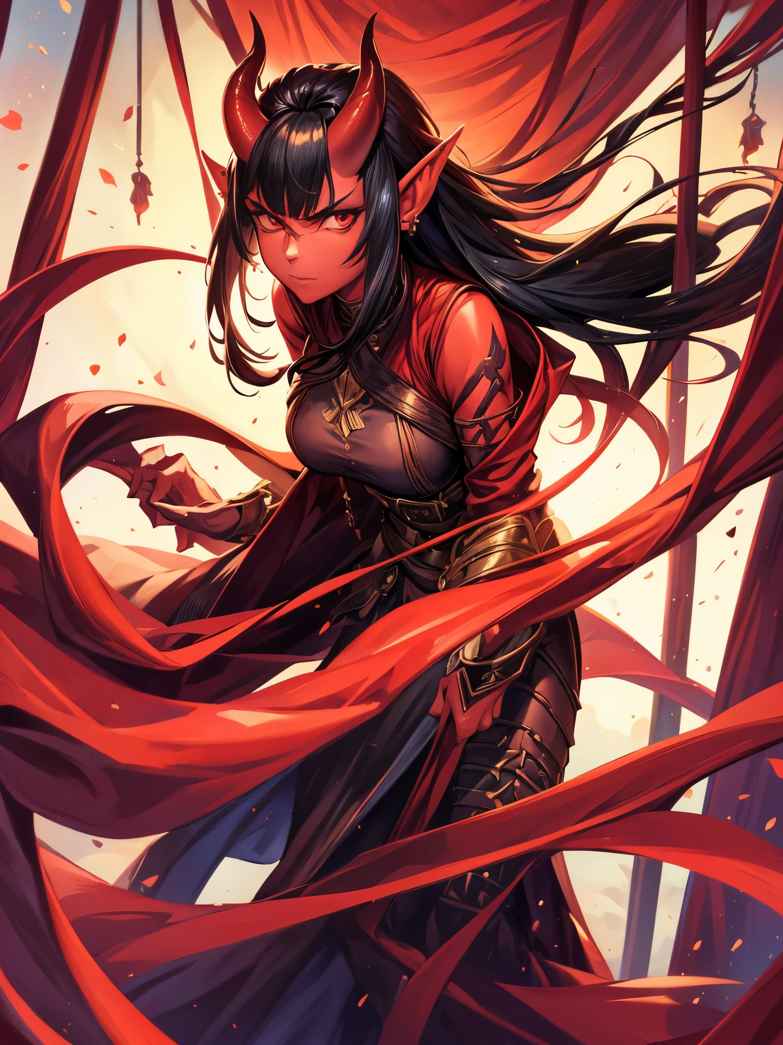 1 mature girl, tiefling, annoyed expression, annoyed, solo red-skinned girl, red skin, black hair, long black hair with curtain bangs, elf ears, red eyes, horns on forehead, oni horns, 8k, highdef, ultrares

