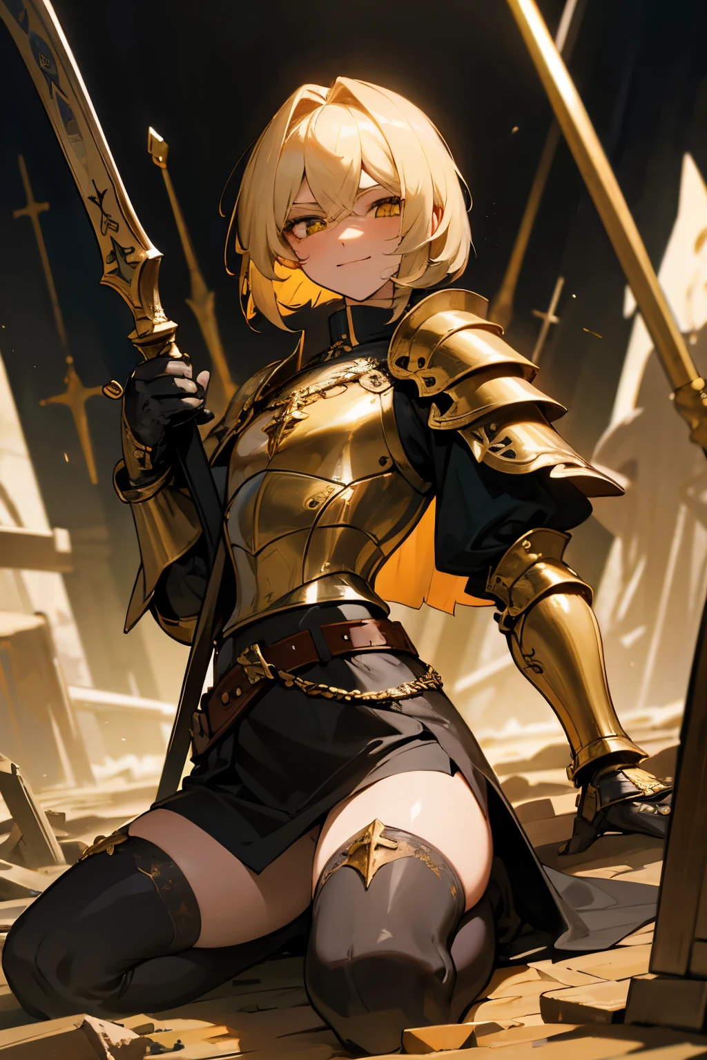 Masterpiece, best quality, very detailed, 1man, femboy, (effeminate), knight, long hair, (golden hair), ((bob haircut)), looking at viewer, extremely detailed eyes, (golden eyes), blushing slighly, serious grin, detailed nose, spiked pauldrons, (golden ornaments), ornate chest plate armor with gemstones, (blue gemstones), dented details on armor, belts and buckles on waist, deteriorated Greaves, ripped leather skirt, black thigh highs, (thick thighs), corrupted great sword stuck in the ground, (gold detailed cross-guard), ((black leather grip)), praying on knees, destroyed dark church background, dark ambiance, ambiance light