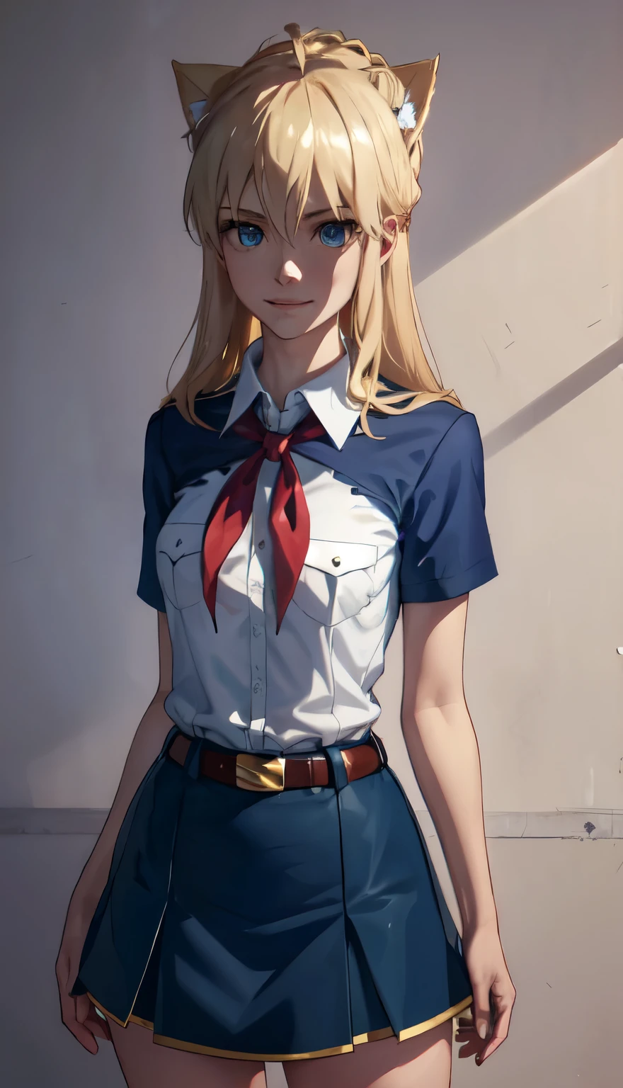 very young slim fit girl, full height, rounded face, (blond hair:1.4), big blue eyes, shy smile, perfect medium breast, band on head with fake cat ears, artoria pendragon \(fate\), ahoge, pioneer neckerchief, short tight blue pleated skirt, bangs, tight white shirt, short sleeves, collared shirt, belt, red neckerchief, breast pocket, by Sasha Khmel