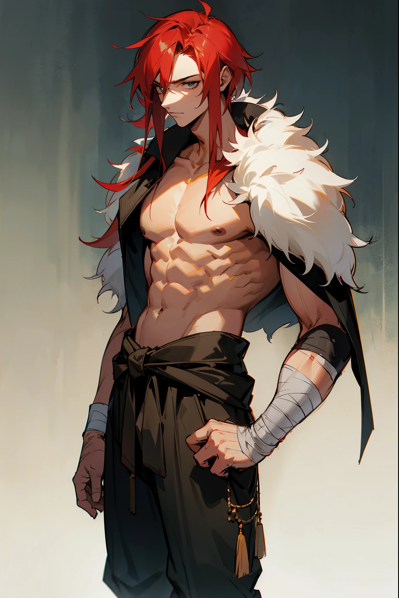 1male, red hair, old age, age lines, shirtless, fur overgarment pants, baggy pants, bandaged waist, bandaged arms, guild hall background, detailed background, standing on path