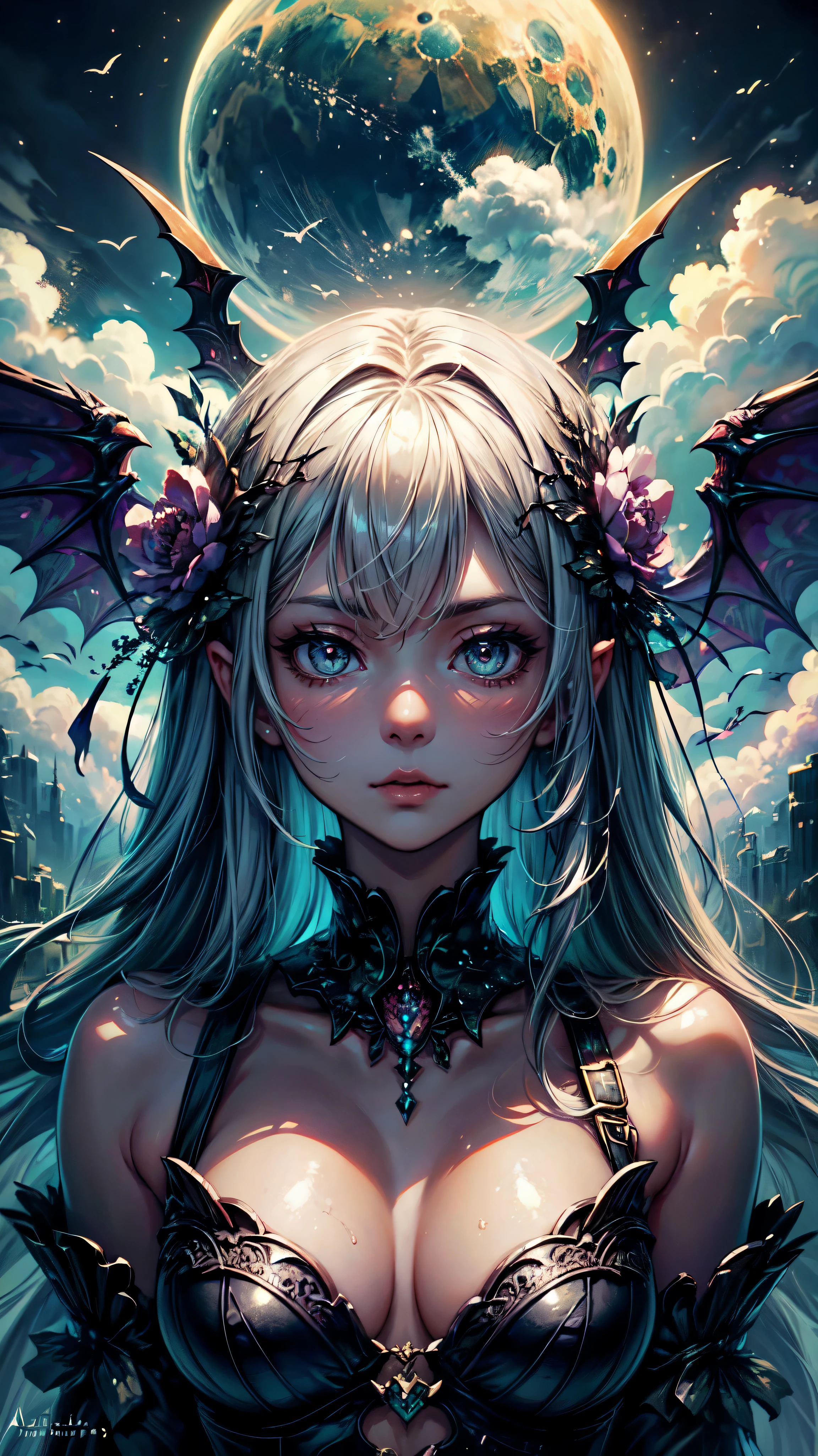 ((Need)), ((tmasterpiece)), (A detailed), Enchanting succubus, Ethereal beauty, Perched in clouds, (fantasy illustrations:1.3), Seductive gaze, captivating posture, delicate wings, otherworldly charm, Mysterious Sky, (Luis Royo:1.2), (Yoshitaka Amano:1.1), Moon Night, pastelcolor, (Detailed cloud view:1.3), (A high resolution:1.2),Close-up shot,Close-up shot,
