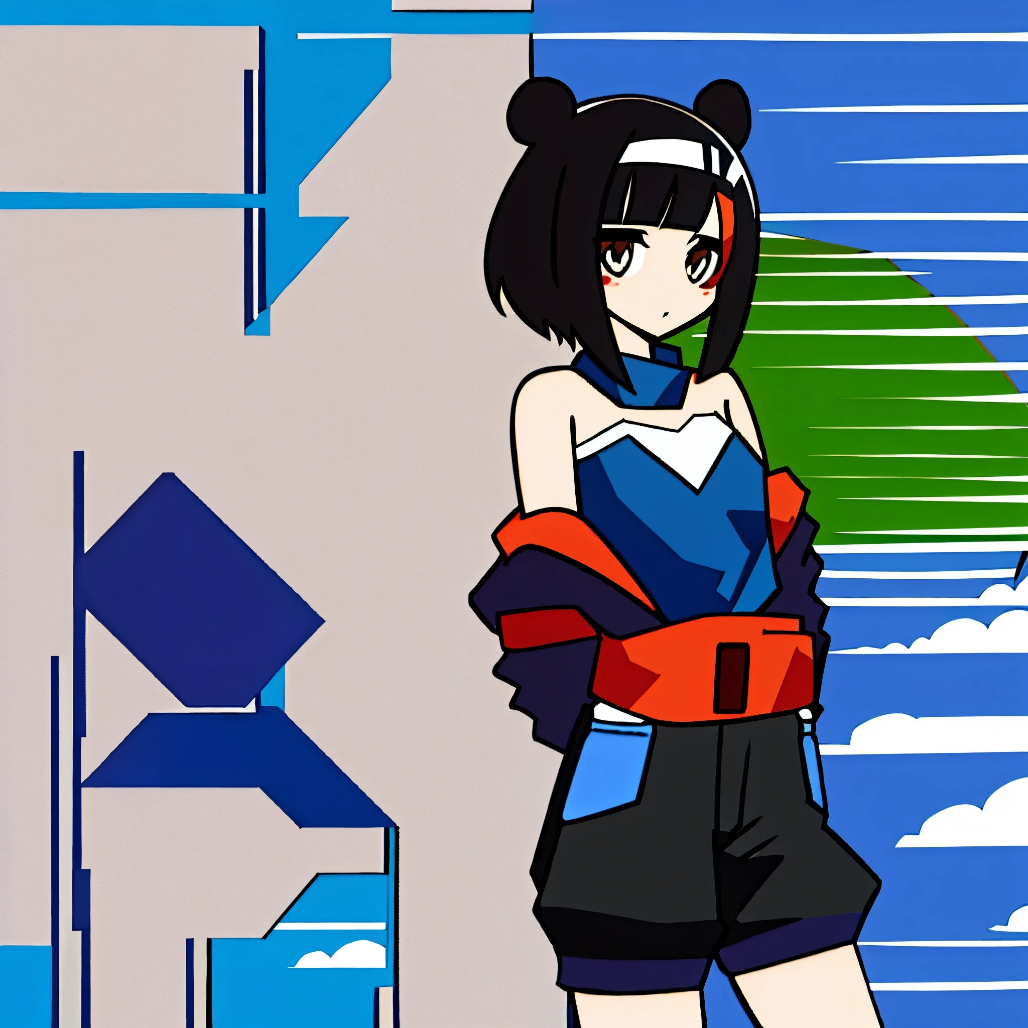 Anime statistics, girl, black hair, bangs on 2 sides, white headphones with stickers, brown eyes, bears under the eyes, pale skin. dark blue sports jacket Oversized, wide black sports pants, many pockets on the pants, white bag with badges.