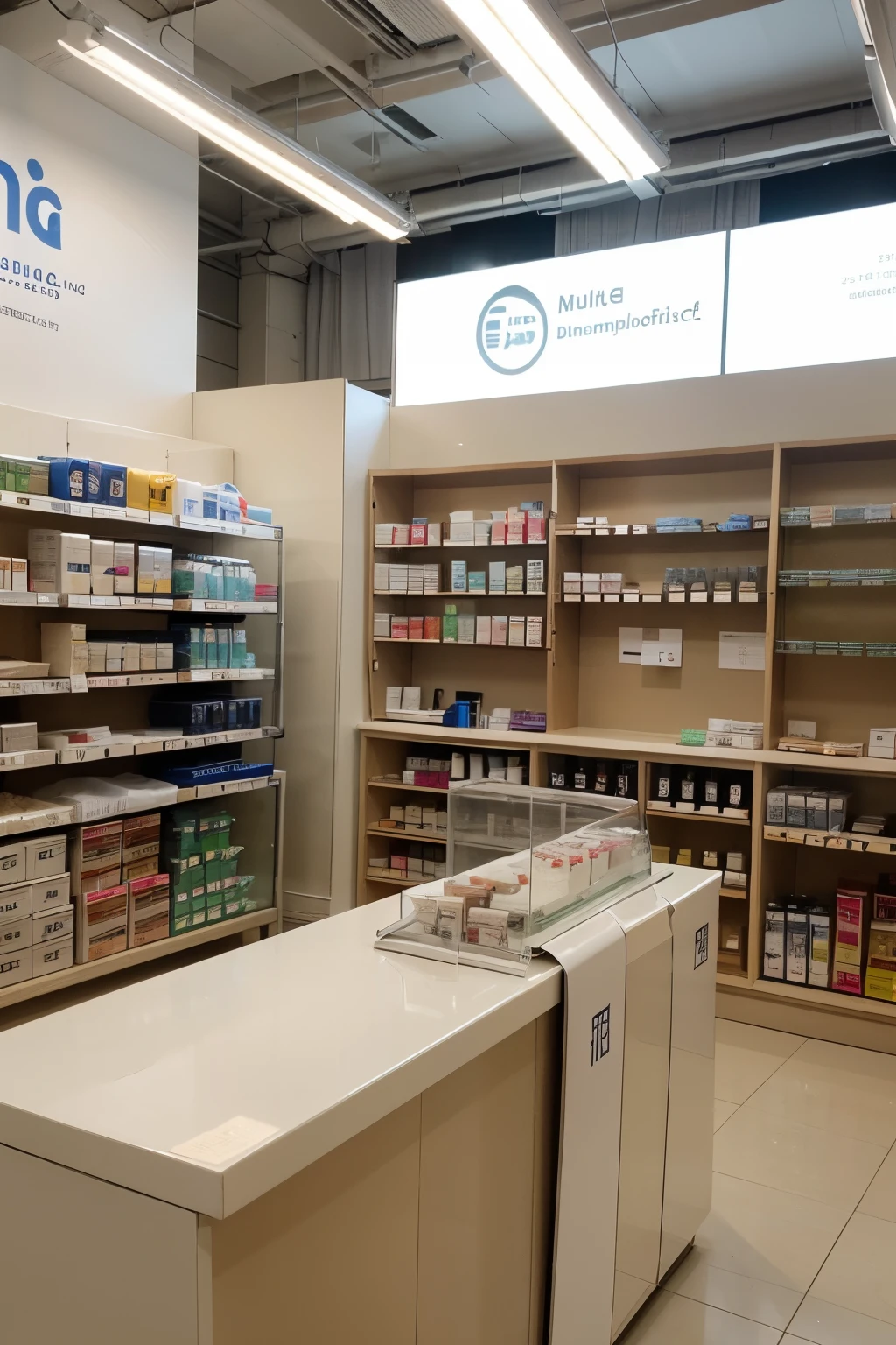 Display counter with pharmaceutical product, showcase type, without background, not tall, make it longer.