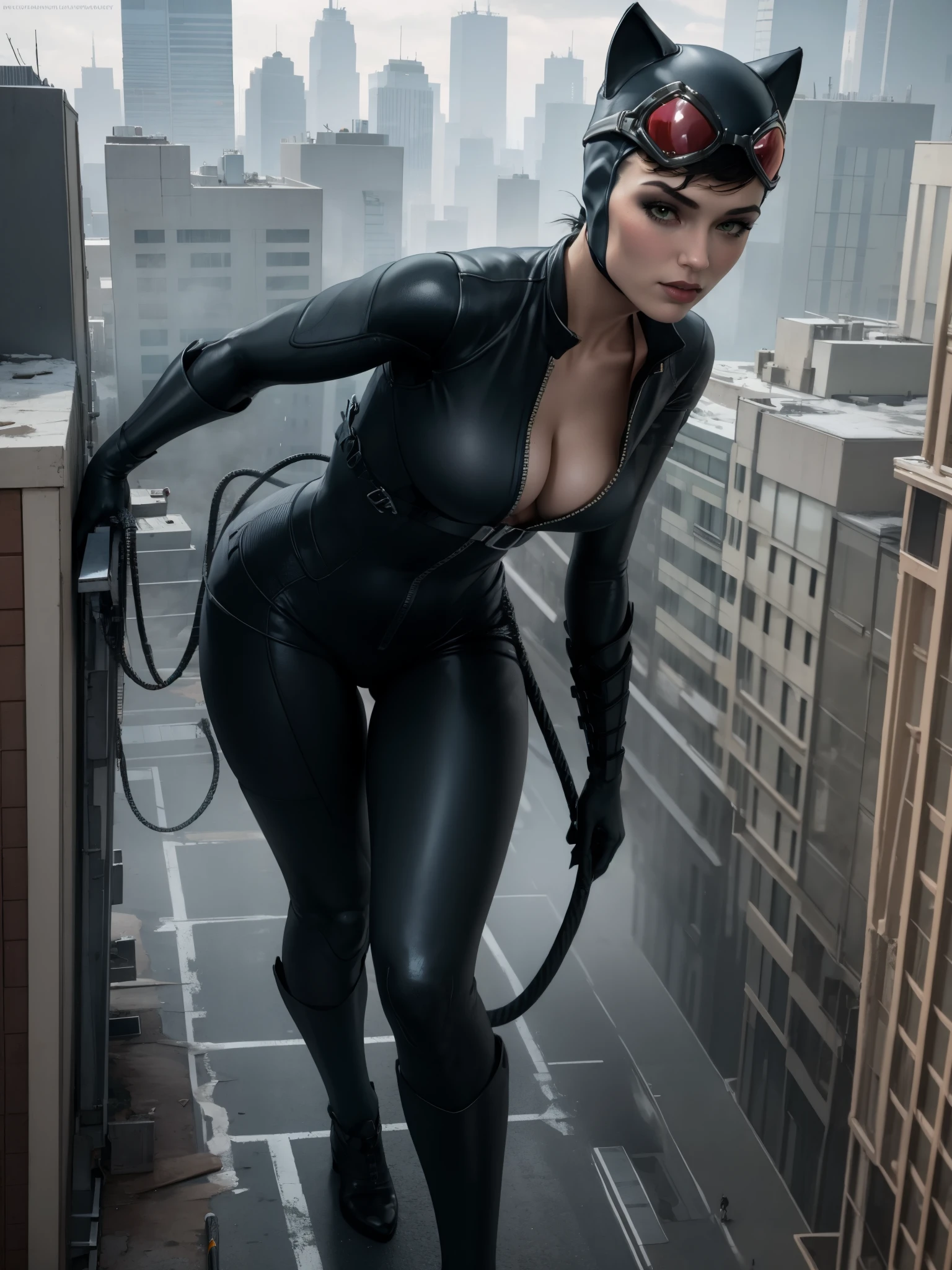 (masterpiece, best quality:1.2),  giantess, catwoman, 1girl, solo, looking at viewer, bodysuit, goggles on headwear, helmet, cat ears, cleavage, tight, walking in city