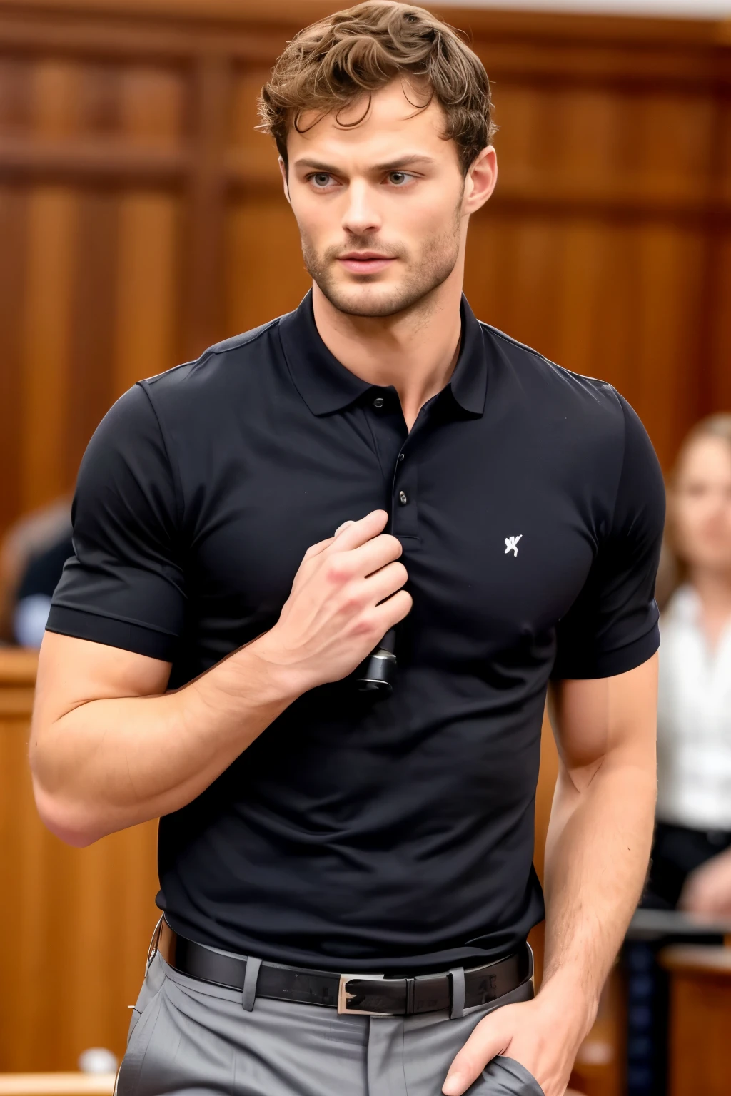 ( Homem na sala ), Wearing dark black polo shirt , (usando barba escura,) Attractive and serious appearance, olhos perfeitos, cabelo curto escuro, Jamie Dornan, corpo bronzeado, Estiloso e elegante, corpo raspado e forte montado no terno, homem parecido com o ator Jamie Dornan, (imagem realista e de alta qualidade), ambiente noturno, ((melhor qualidade, 8K, obra de arte).
