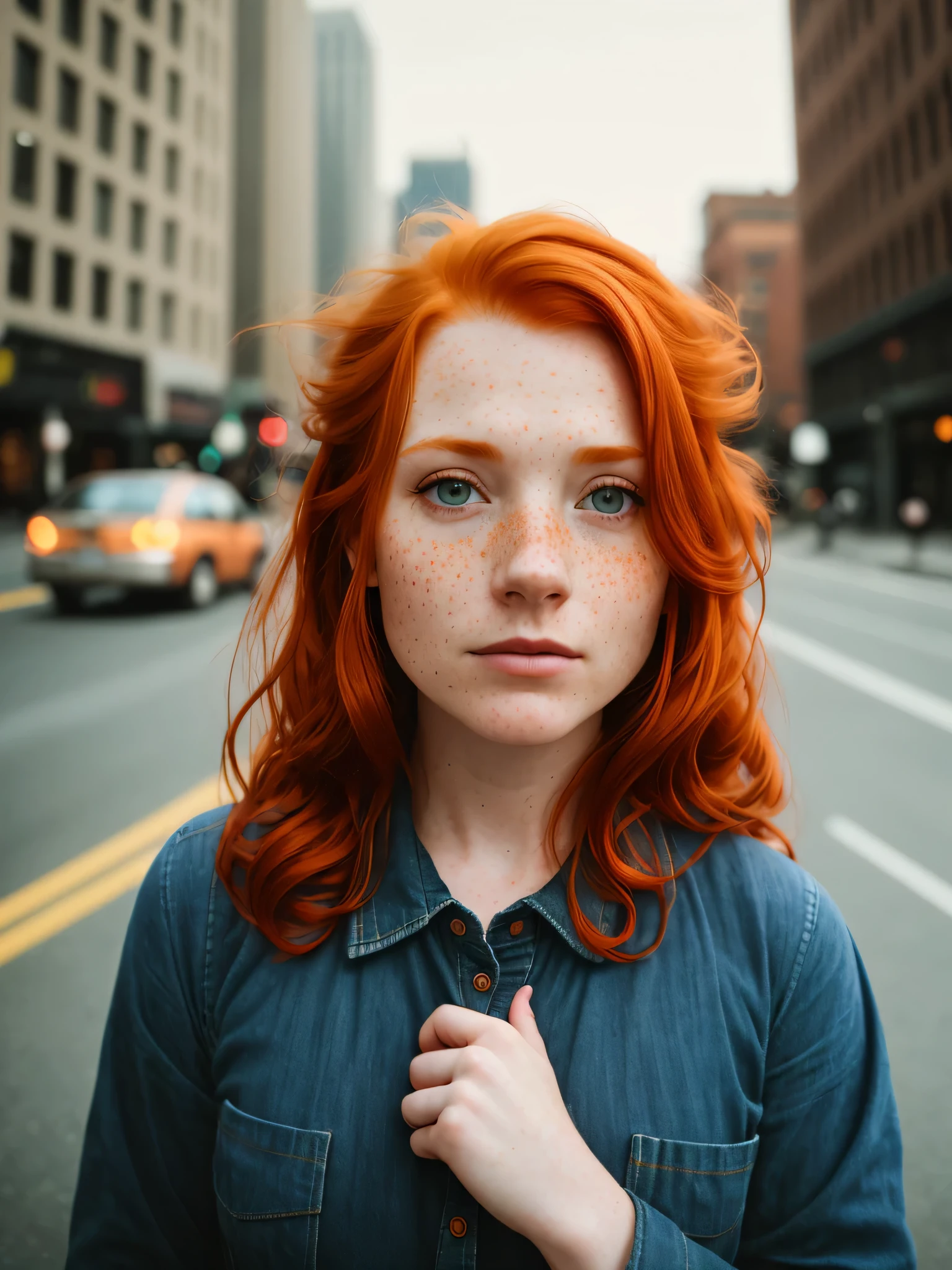 ein 17-mm-Ultraweitwinkel, Portrait of one (Rothaarige:1.2), Sommersprossen-Lehrer, Stay on the street of the modern city, [Brustwarzen : White shirt : 18], Slate atmosphere, Lightroom, 35mm film, filmisch, muted colors, dunkler Schuss, muted colors, Film grainy, Zugang, crazy details, Komplizierte Details, hyperdetailliert, closeup, dusk