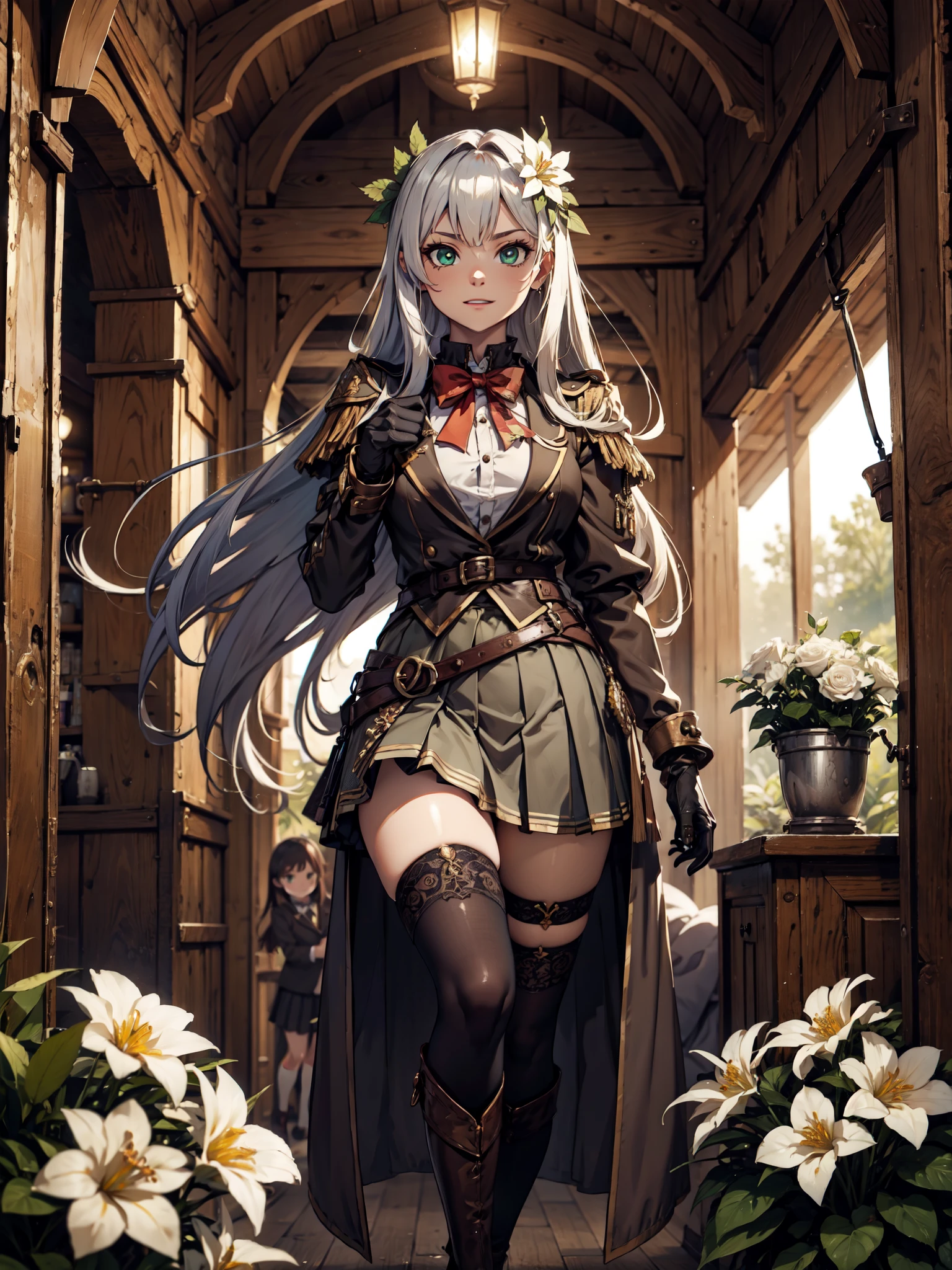 Ultra High Definition, Ultra High Quality, Hyper Definition, Hyper Quality, Hyper Detailed, Extremely Detailed, Perfectly Detailed, 8k, 1 Anime Female,  Long Silver Hair, Women's Vest, ((Luxury School Pleated Skirt)), Brown Boots On Heels, Tights, Gloves, Solid Green Eyes, Cheerful Expression, White Flower Barrette, Dressed in School Uniform , Forest Panoramic Background