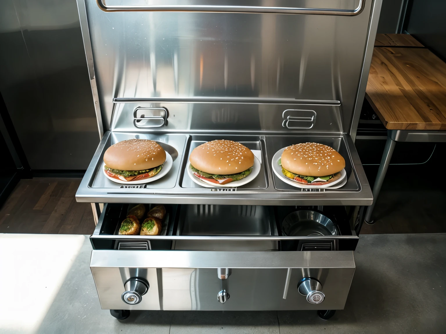 Inside a Kombi food truck counter sink cabinet burger plate