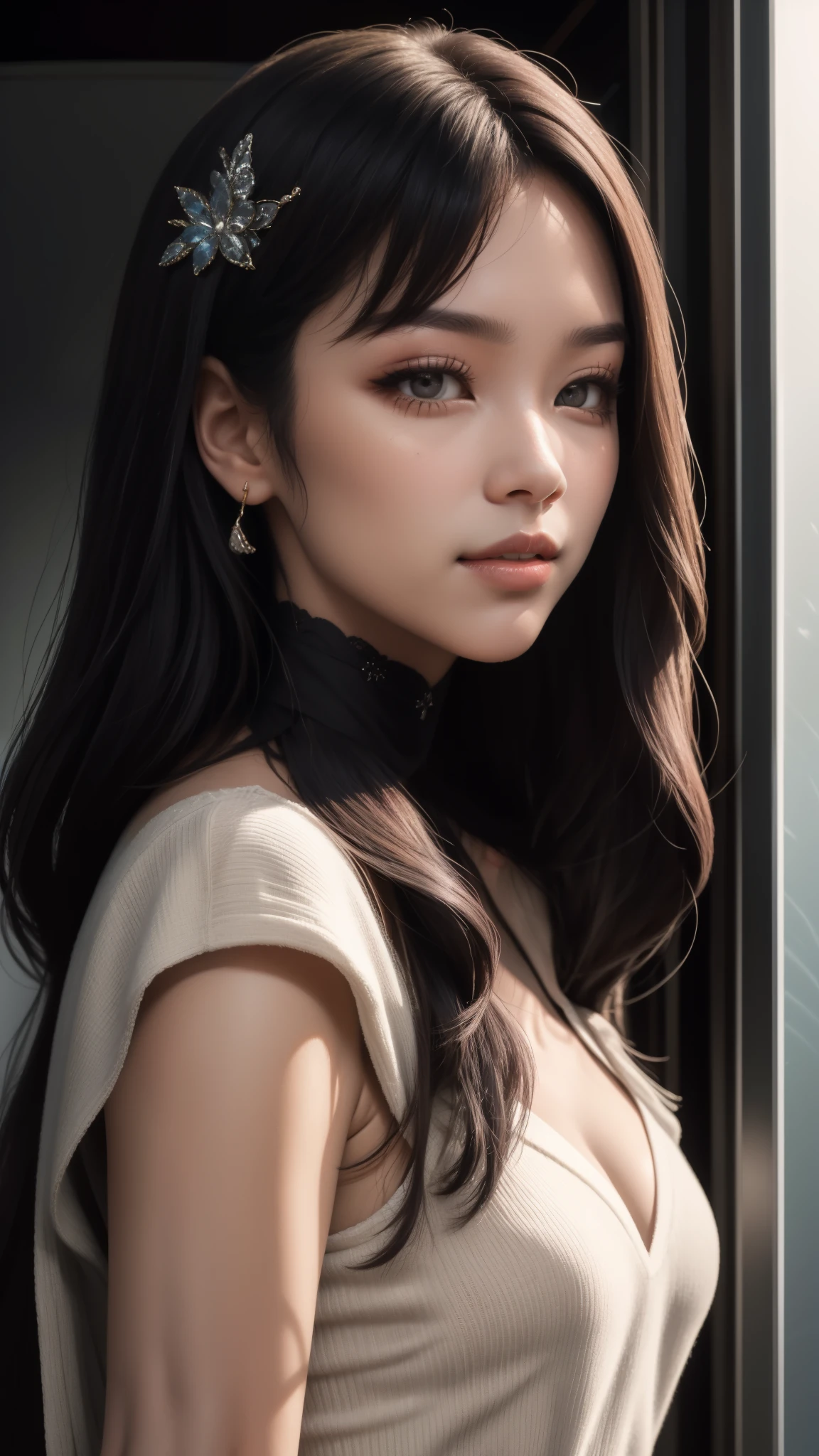 Jisoo do Blackpink: Jisoo has a charming and captivating appearance. Ela tem muito tempo, Cabelo escuro, which is often styled in an elegant and sophisticated way. Your eyes are big and expressive, with naturally bulky eyelashes. Jisoo tem uma tez clara e radiante, with soft and delicate characteristics. Her smile is adorable and she has well-shaped lips. She is known for her classic and graceful beauty, (ela tem um decote impressionante muito aberto, seus seios saltam pra fora do decote, seios grandes e perfeitos mamilos largos e escuros). 1 garota, Sozinho, deitada sensualizando , fazendo poses, colorida, ciberpunk, CIDADE, sinal de paz, brincos, Neon, beautiful lighting, reflexo roxo, cap, Foco no personagem, seios longos