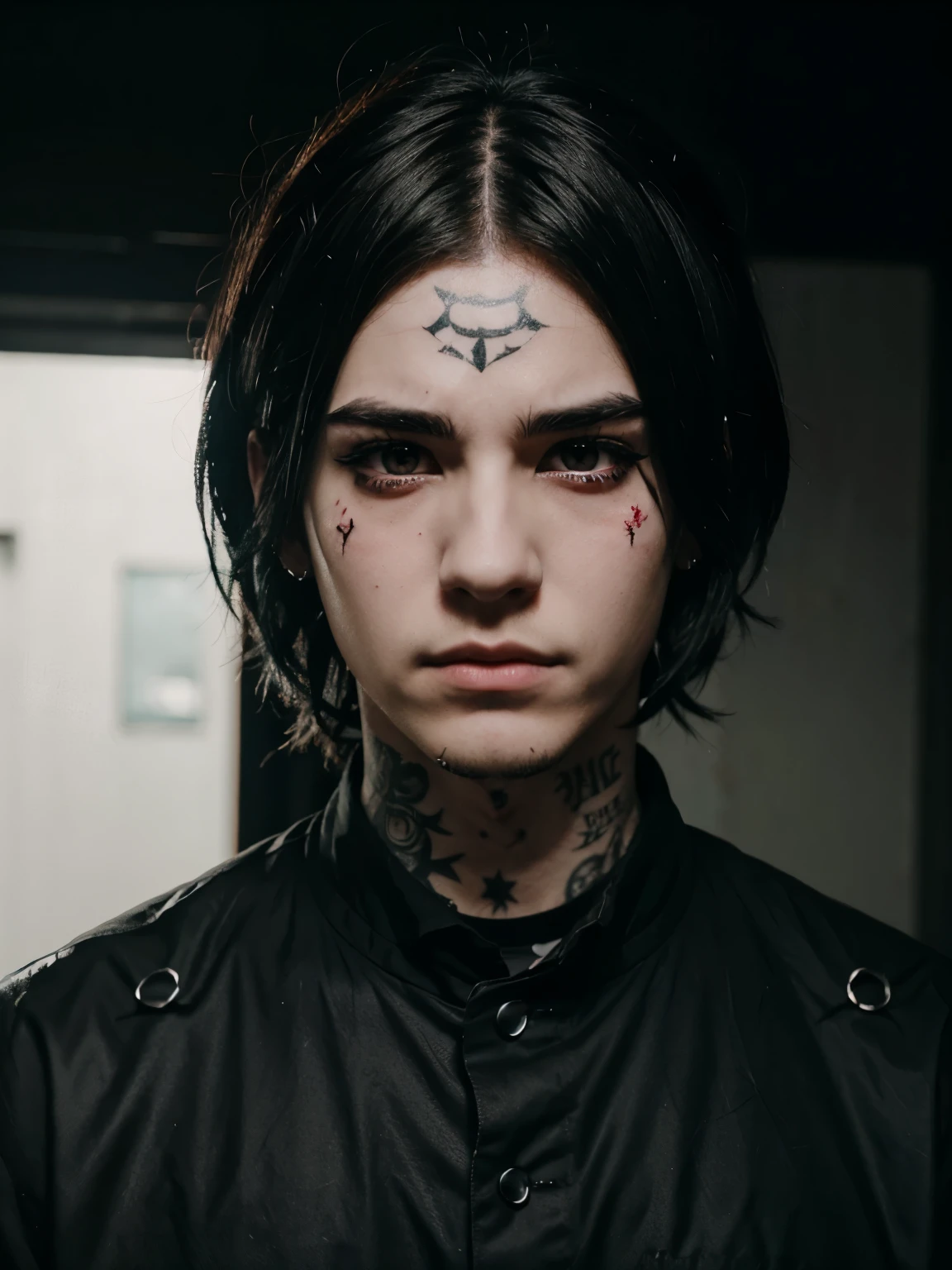 Create male anime character with black highlighted hair and black eyes with bloody tears and lil peep style face tattoo