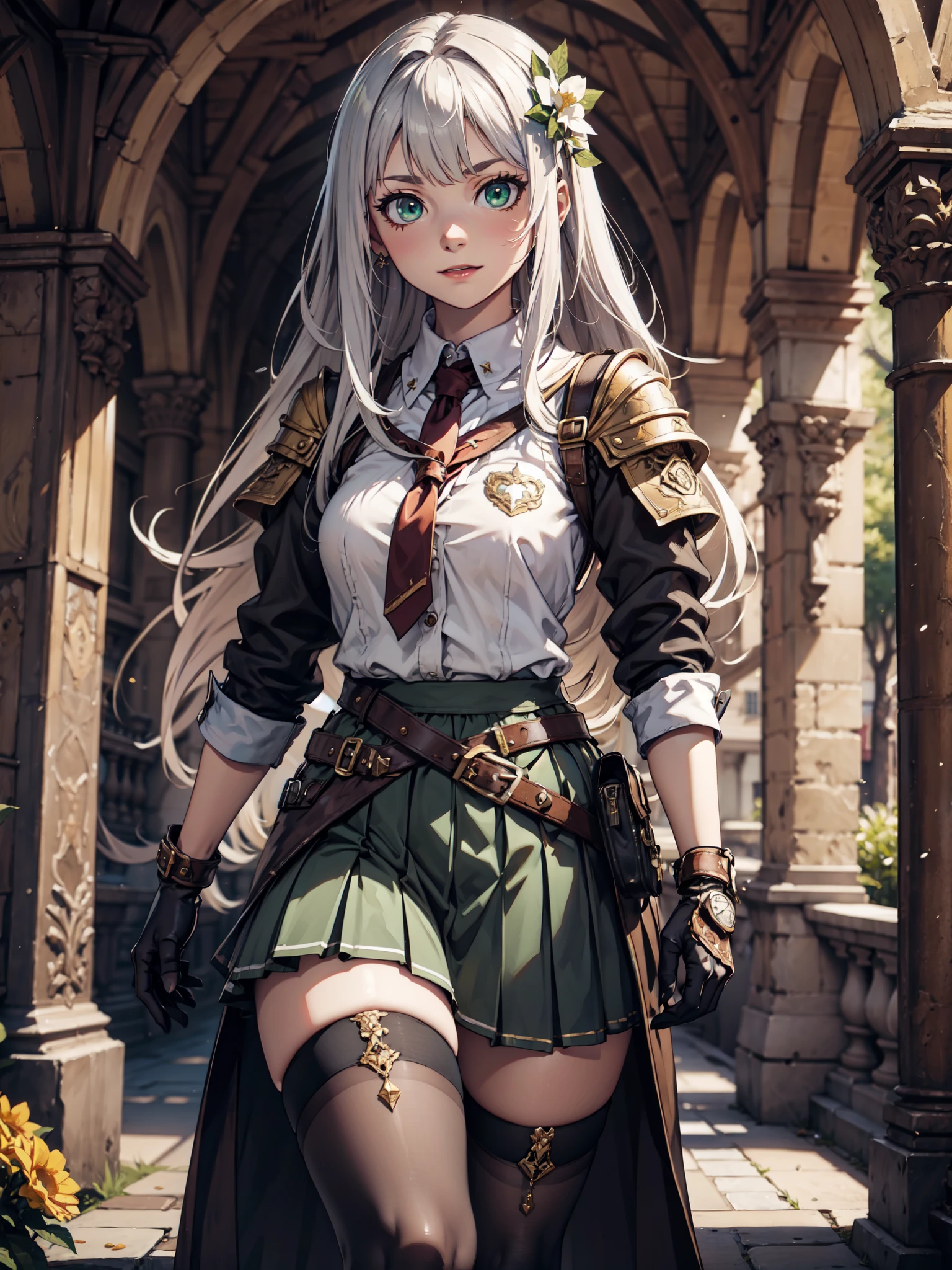 Ultra High Definition, Ultra High Quality, Hyper Definition, Hyper Quality, Hyper Detailed, Extremely Detailed, Perfectly Detailed, 8k, 1 Anime Female,  Long Silver Hair, Women's Vest, ((Luxury School Pleated Skirt)), Brown Boots On Heels, Tights, Gloves, Solid Green Eyes, Cheerful Expression, White Flower Barrette, Dressed in School Uniform , Forest Panoramic Background