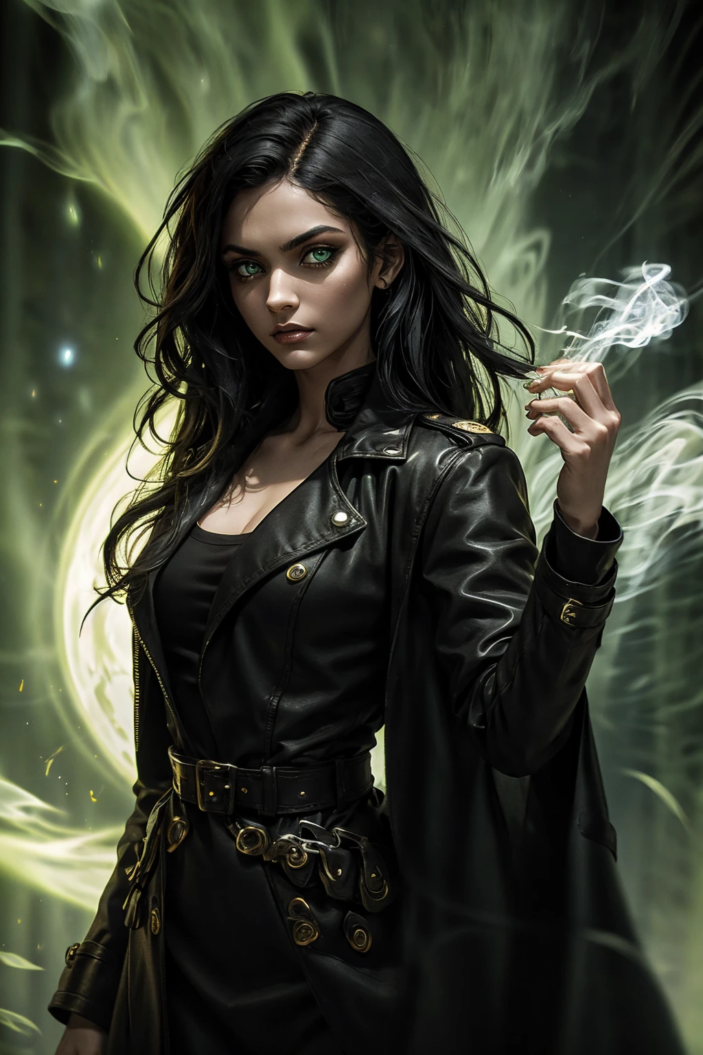 A stunning Indian beauty, with bright green eyes, standing in swirling black smoke, with dark brown-black long wavy hair, mesmerizing features with a scary expression, finely detailed eyes, angry mood masterpiece, top quality, best quality, official art, beautiful and aesthetic:1.2), (1girl), extreme detailed,(fractal art:1.3), colorful, highest detailed, (masterpiece, best quality:1.3) 1 bright-green-eyed woman, professional digital painting, Unreal Engine 5. Wearing a black-buttoned-up military-trench coat. Scary void dripping from body and face black magic swirling around. Arms up casting black magic from fingertips. Black smoke swirled around her.
