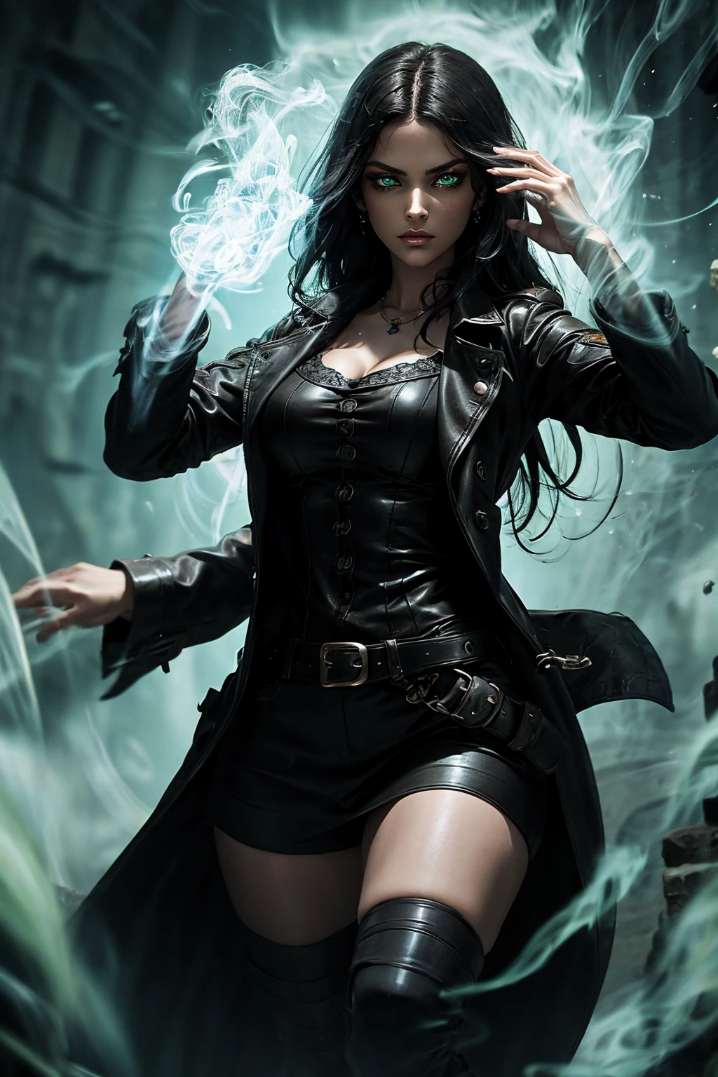 A stunning Indian beauty, with bright green eyes, standing in swirling black smoke, with dark brown-black long wavy hair, mesmerizing features with a scary expression, finely detailed eyes, angry mood masterpiece, top quality, best quality, official art, beautiful and aesthetic:1.2), (1girl), extreme detailed,(fractal art:1.3), colorful, highest detailed, (masterpiece, best quality:1.3) 1 bright-green-eyed woman, professional digital painting, Unreal Engine 5. Wearing a black-buttoned-up military-trench coat. Scary void dripping from body and face black magic swirling around. Arms up casting black magic from fingertips. Black smoke swirled around her.
