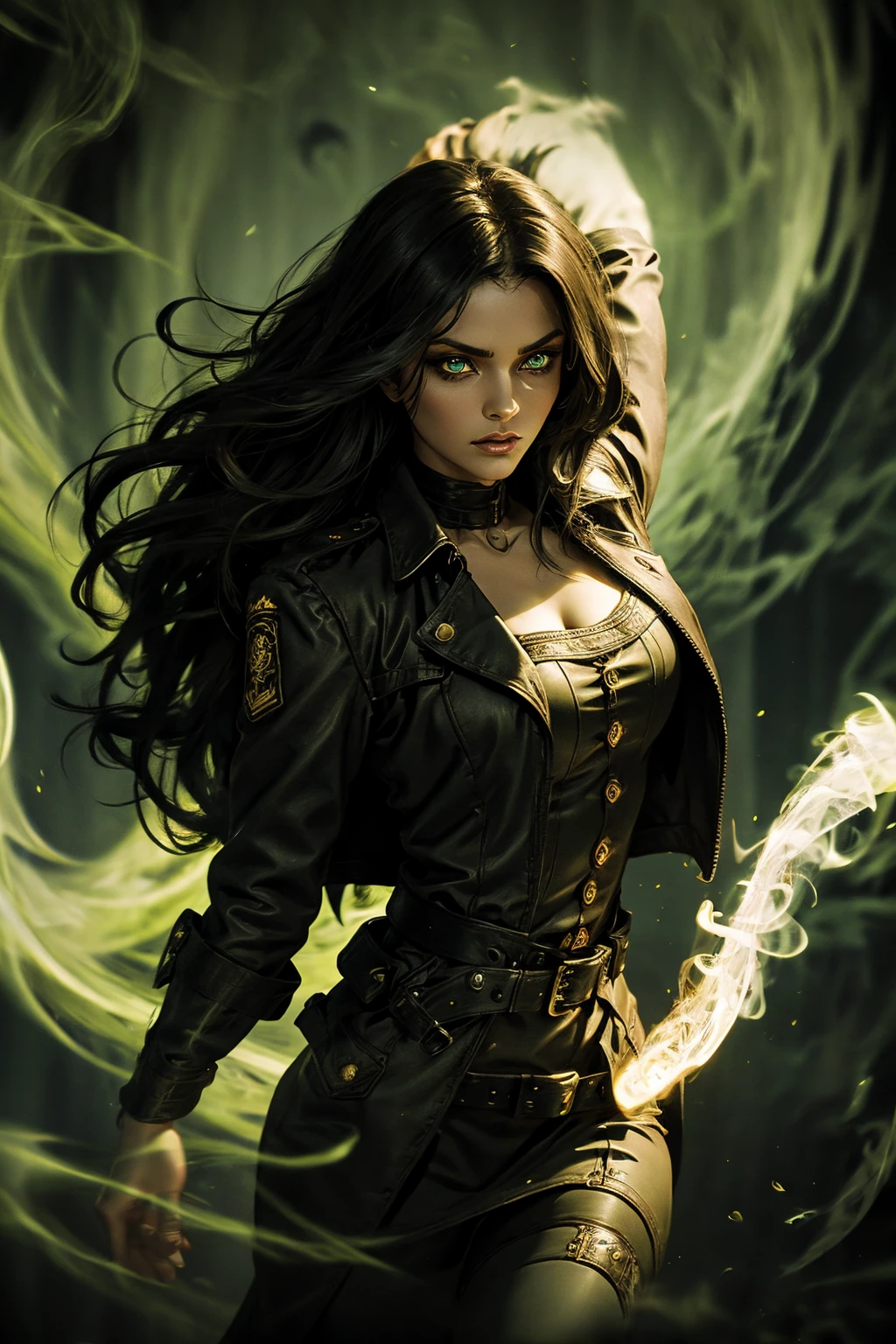 A stunning Indian beauty, with bright green eyes, standing in swirling black smoke, with dark brown-black long wavy hair, mesmerizing features with a scary expression, finely detailed eyes, angry mood masterpiece, top quality, best quality, official art, beautiful and aesthetic:1.2), (1girl), extreme detailed,(fractal art:1.3), colorful, highest detailed, (masterpiece, best quality:1.3) 1 bright-green-eyed woman, professional digital painting, Unreal Engine 5. Wearing a black-buttoned-up military-trench coat. Scary void dripping from body and face black magic swirling around. Arms up casting black magic from fingertips. Black smoke swirled around her.
