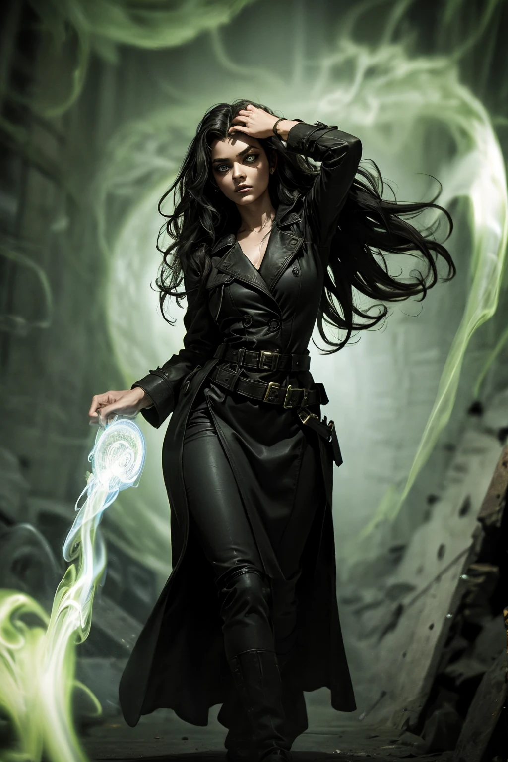 A stunning Indian beauty, with bright green eyes, standing in swirling black smoke, with dark brown-black long wavy hair, mesmerizing features with a scary expression, finely detailed eyes, angry mood masterpiece, top quality, best quality, official art, beautiful and aesthetic:1.2), (1girl), extreme detailed,(fractal art:1.3), colorful, highest detailed, (masterpiece, best quality:1.3) 1 bright-green-eyed woman, professional digital painting, Unreal Engine 5. Wearing a black-buttoned-up military-trench coat. Scary void dripping from body and face black magic swirling around. Arms up casting black magic from fingertips. Black smoke swirled around her. Holding a rapier. Purple-tinted background.
