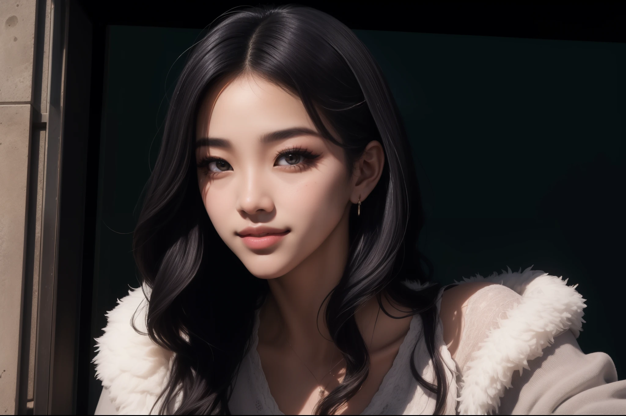 Jisoo do Blackpink: Jisoo has a charming and captivating appearance. Ela tem muito tempo, Cabelo escuro, which is often styled in an elegant and sophisticated way. Your eyes are big and expressive, with naturally bulky eyelashes. Jisoo tem uma tez clara e radiante, with soft and delicate characteristics. Her smile is adorable and she has well-shaped lips. She is known for her classic and graceful beauty, (ela tem um decote impressionante muito aberto, seus seios saltam pra fora do decote, seios grandes e perfeitos mamilos largos e escuros). 1 garota, Sozinho, deitada sensualizando , fazendo poses, colorida, ciberpunk, CIDADE, sinal de paz, brincos, Neon, beautiful lighting, reflexo roxo, cap, Foco no personagem, seios longos