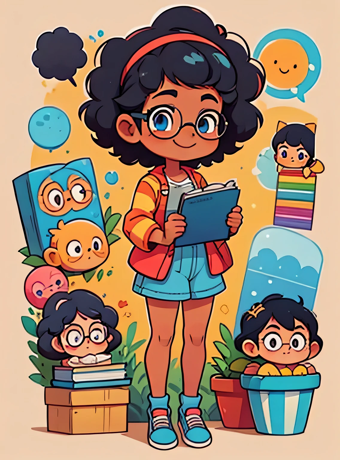 afro girl with black hair and blue eyes and glasses, Standing、Enfeite de cabelo limpo, (olhos detalhados, segurando livros, Um sorriso, Sapatos fofos, fundo colorido de listras verticais
