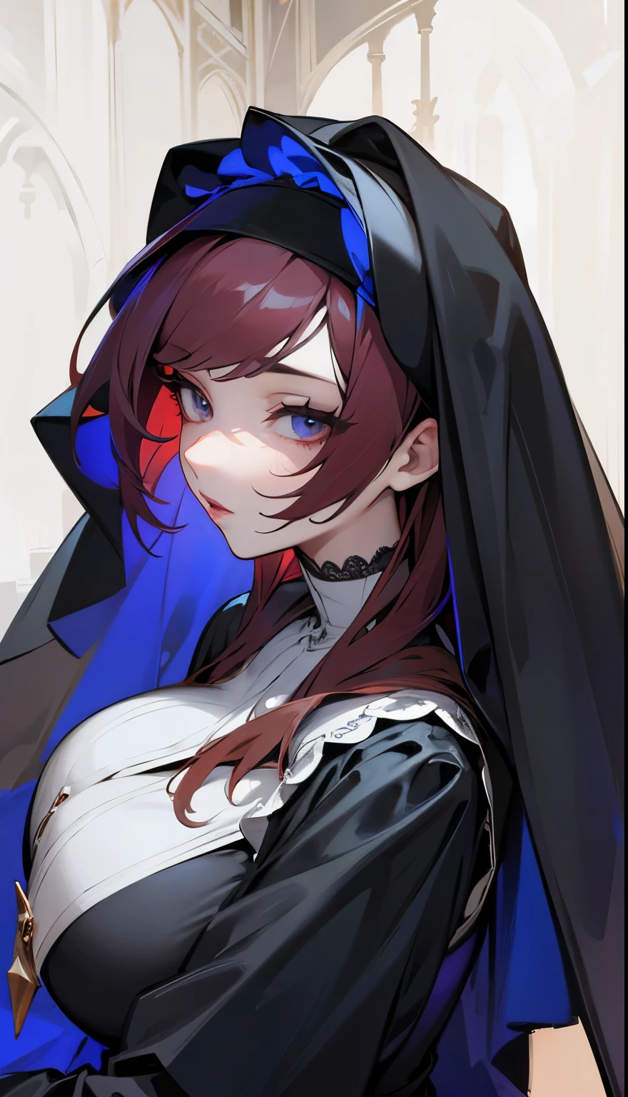 1girl, cathedral background, porcelain white skin, amber eyes, medium hair, gigantic breasts, ribs, thighs, red lips, long luscious lashes, fox like bluish grey eyes, long silky dark bloody red hair, black nun vestments, melancholic look, masterpiece, best quality, hyper detailed