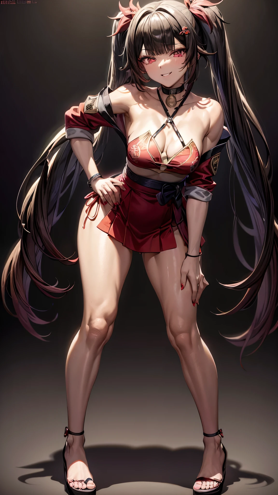type: Digital Art Style: Anime Style Color: Predominantly red with contrasts of black and white, Eye color: bright crimson red, with luminous reflections. Hair color Black with red highlights, HAIRSTYLE: Long with twintails, adorned with the traditional red and gold hair ornament, (((mischievous and playful smile with a touch of mischief))), muscular and sadistic legs, (((scene beach))), Standing, (full body photo), manicured nails, red nails, ((wearing a very short and sexy bikini)), ntsw