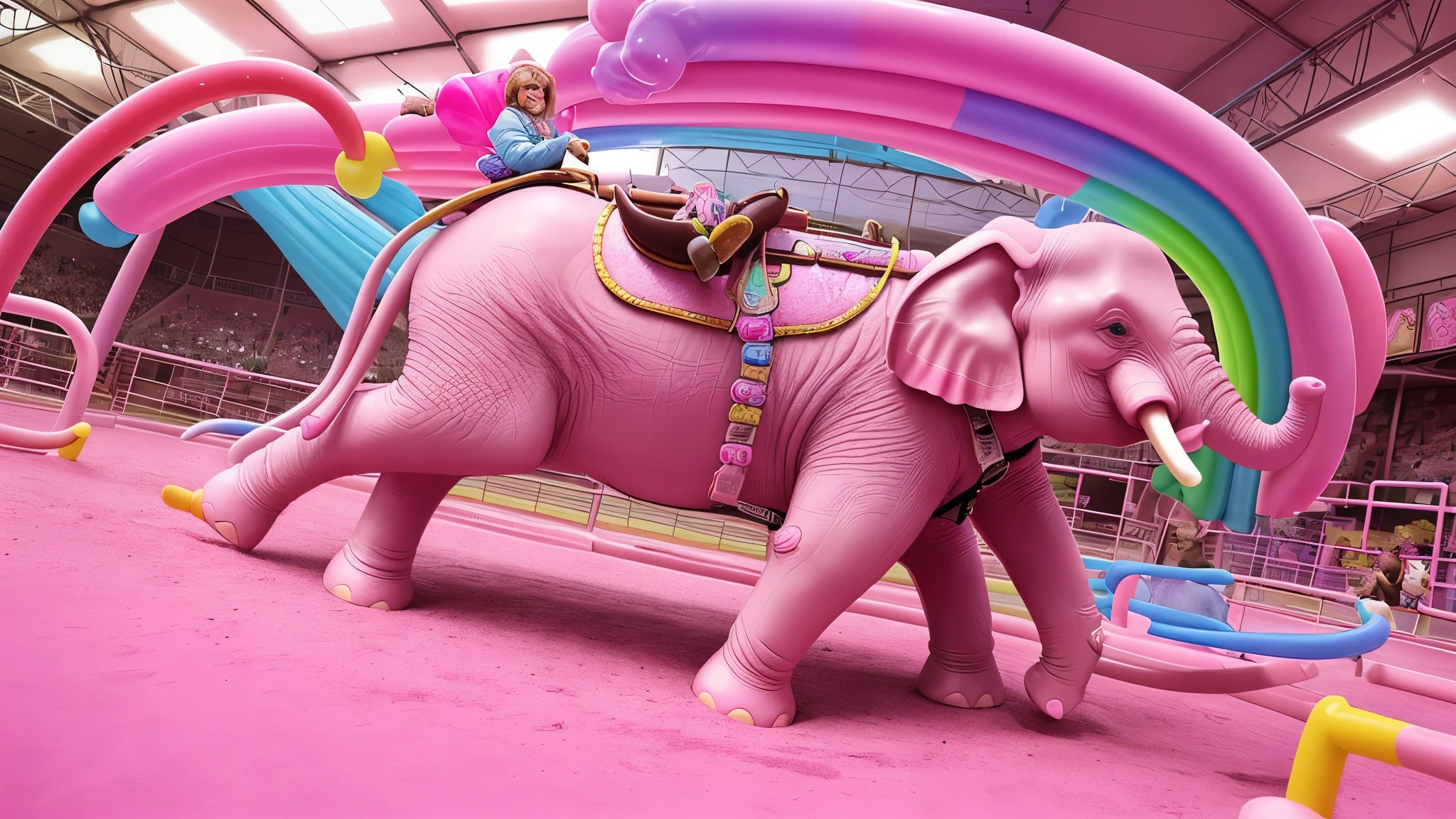 pink candy cat rodeo on rainbow candy elephant in candy arena, high detail