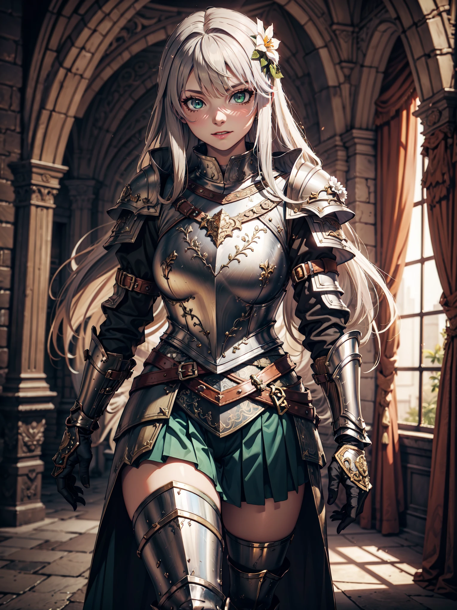 Ultra High Definition, Ultra High Quality, Hyper Definition, Hyper Quality, Hyper Detailed, Extremely Detailed, Perfectly Detailed, 8k, 1 Anime Female, Female pose, Long Silver Hair, Noble Armor, Luxury Pleated Skirt, Gloves, Solid Green Eyes, Cheerful Expression, White Flower Barrette, Armored With Full Coverage Noble Plate Armor, Leg Armor, Mansion Room Panoramic Background