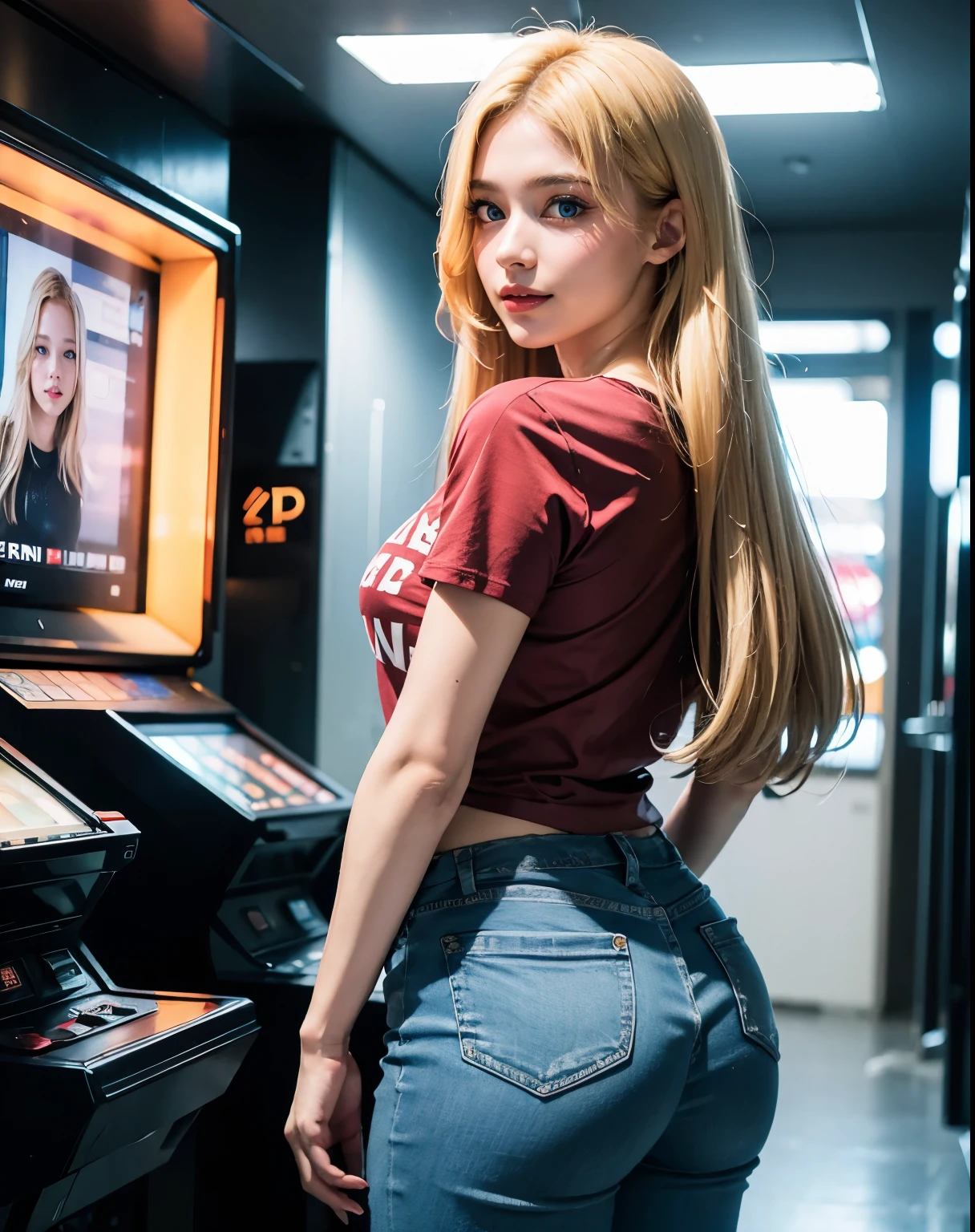 1girl, (Blue Eyes), (smiling :1.2), (beautiful makeup :1.1), (Sana Minatozaki), wide hips, Big , big ass, (Best Quality, 8k, Masterpiece: 1.3), Clear Focus: 1.2, Perfect Body Beauty: 1.4, Highly detailed face and skin texture, detailed eyes, double eyelids, (blonde long hair :1.2), (red t-shirt :1.2), jeans, standing, look back, view from back, in arcade games